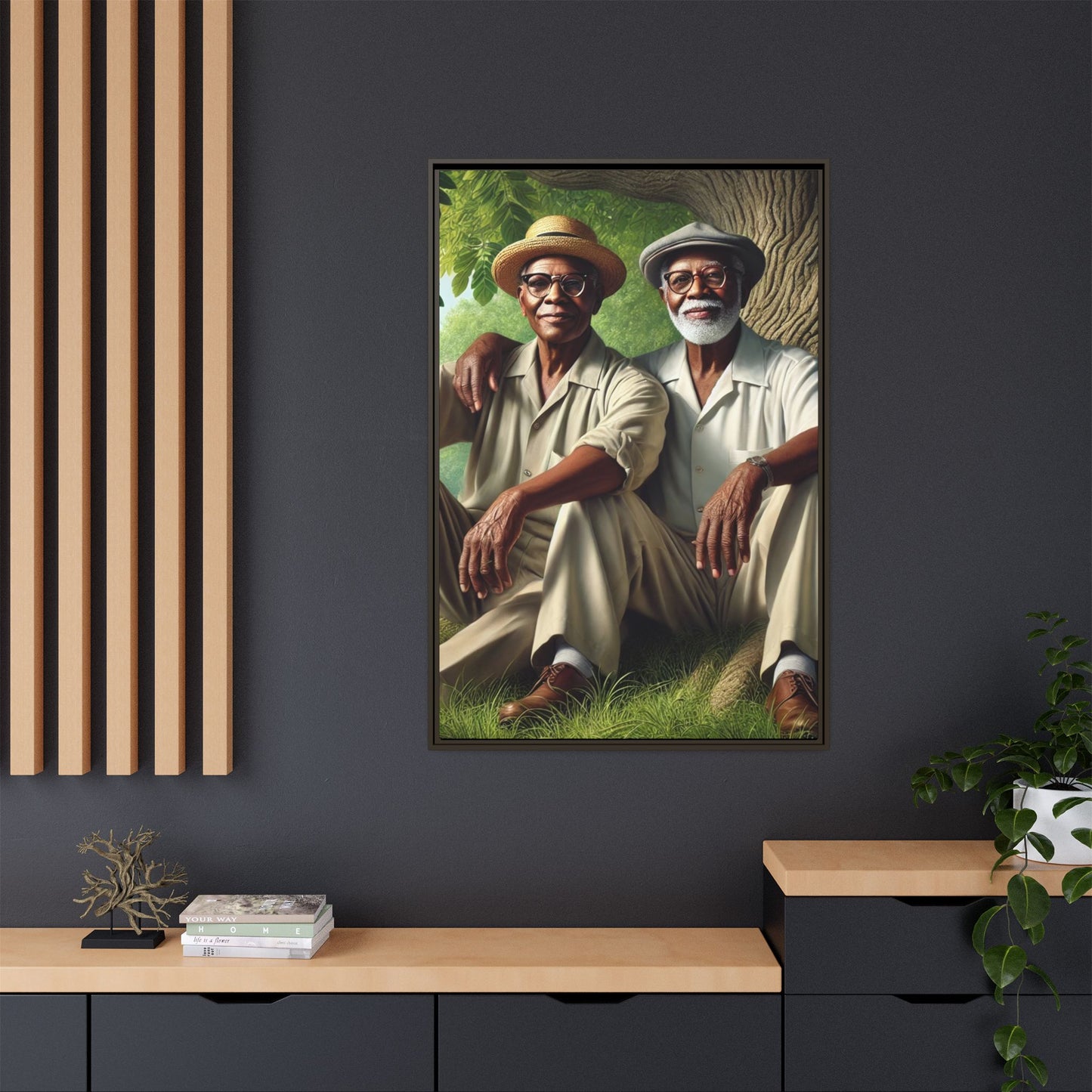 Framed artwork of a gay African-American couple in Cedar Rapids, Iowa, 1930s, celebrating love and resilience.