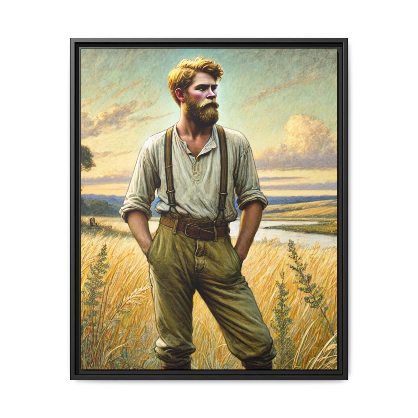 Framed artwork of a confident farmer in 19th-century attire, standing in a golden wheat field, inspired by Walt Whitman’s Song of Myself in Leaves of Grass.