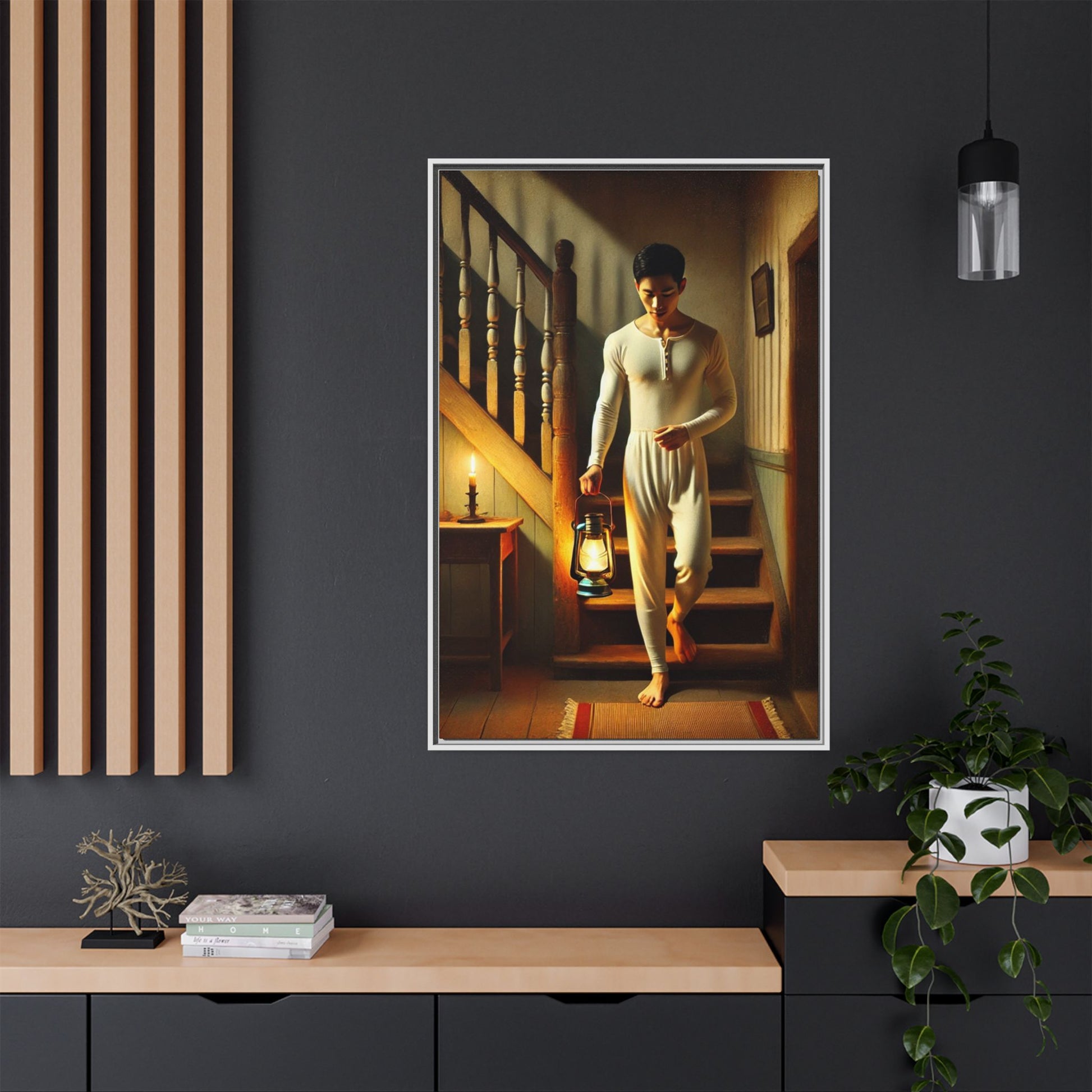 Framed artwork of an Asian-American man wearing long johns underwear holding a lantern on a staircase, inspired by Grant Wood’s style.