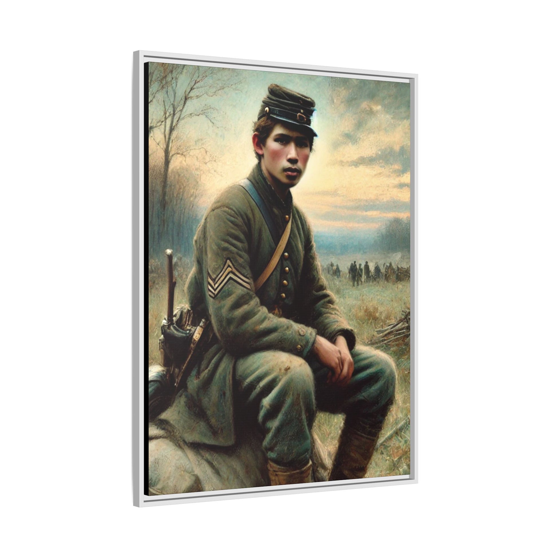 Framed artwork of a Civil War Union soldier inspired by Walt Whitman’s Leaves of Grass and Drum-Taps, depicting themes of sacrifice, strength, and vulnerability amidst a 19th-century battlefield.