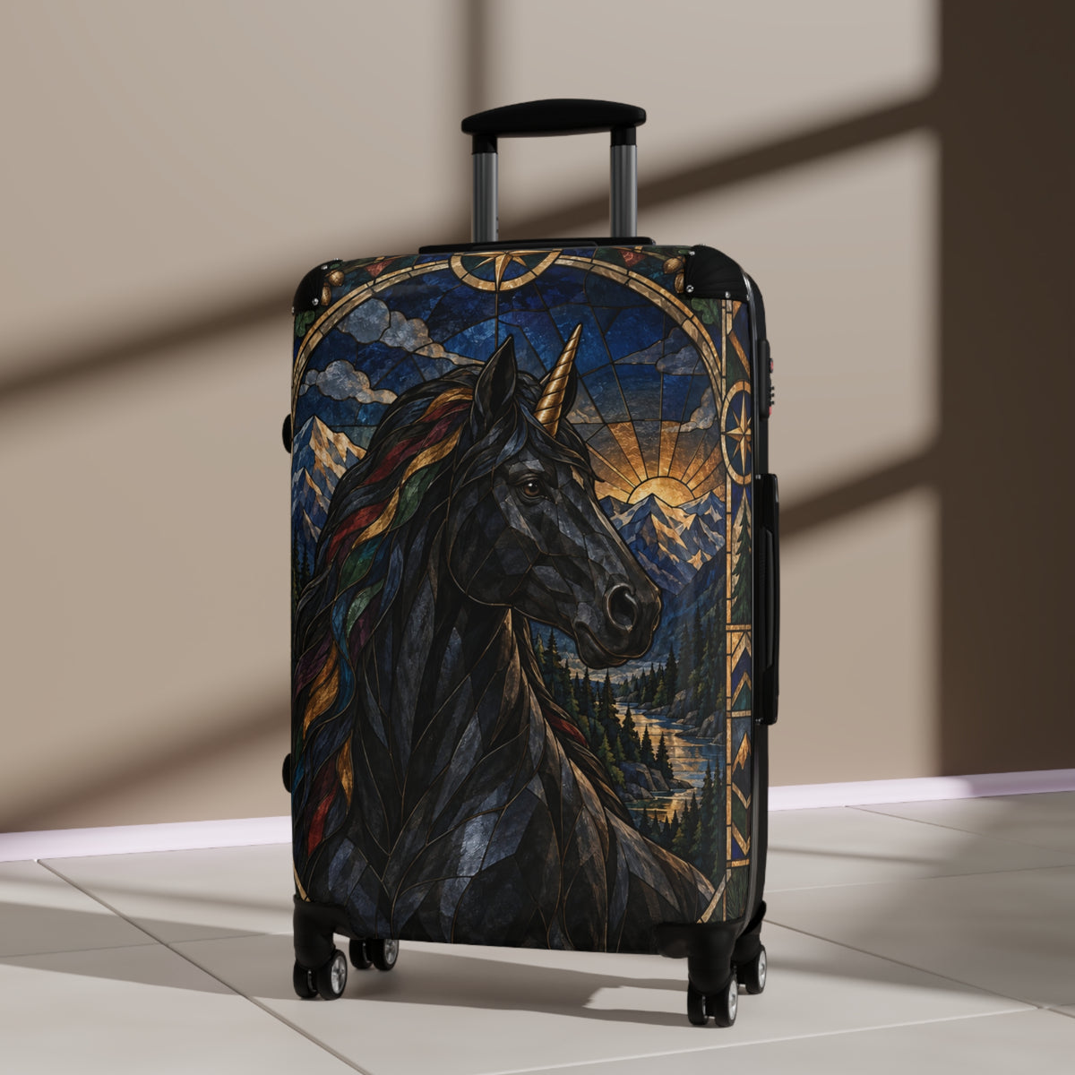 Guardian of the Rainbow Vale | Black Unicorn Stained-Glass Carry-On Suitcase