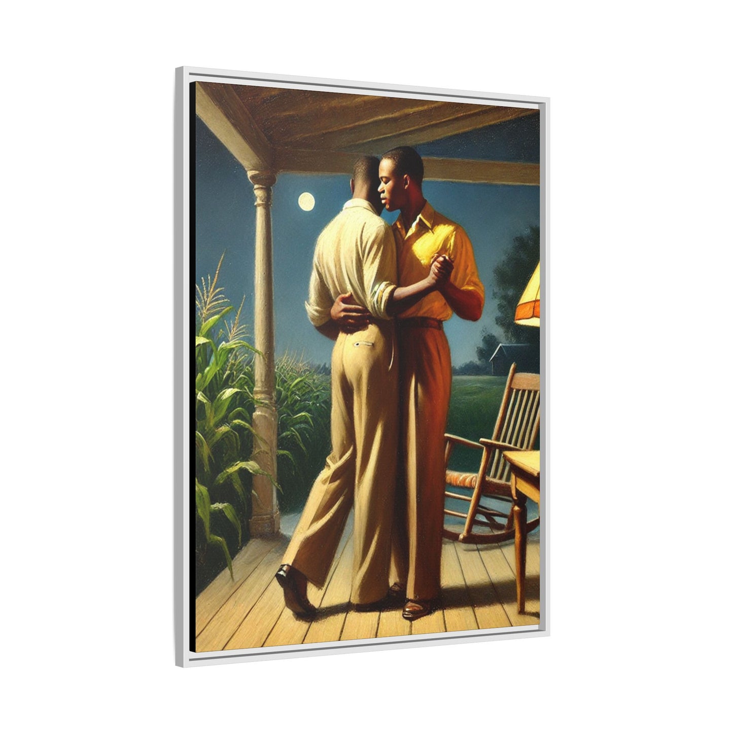 Artwork of an African-American gay couple dancing on a porch under the moonlight, inspired by Grant Wood’s style.