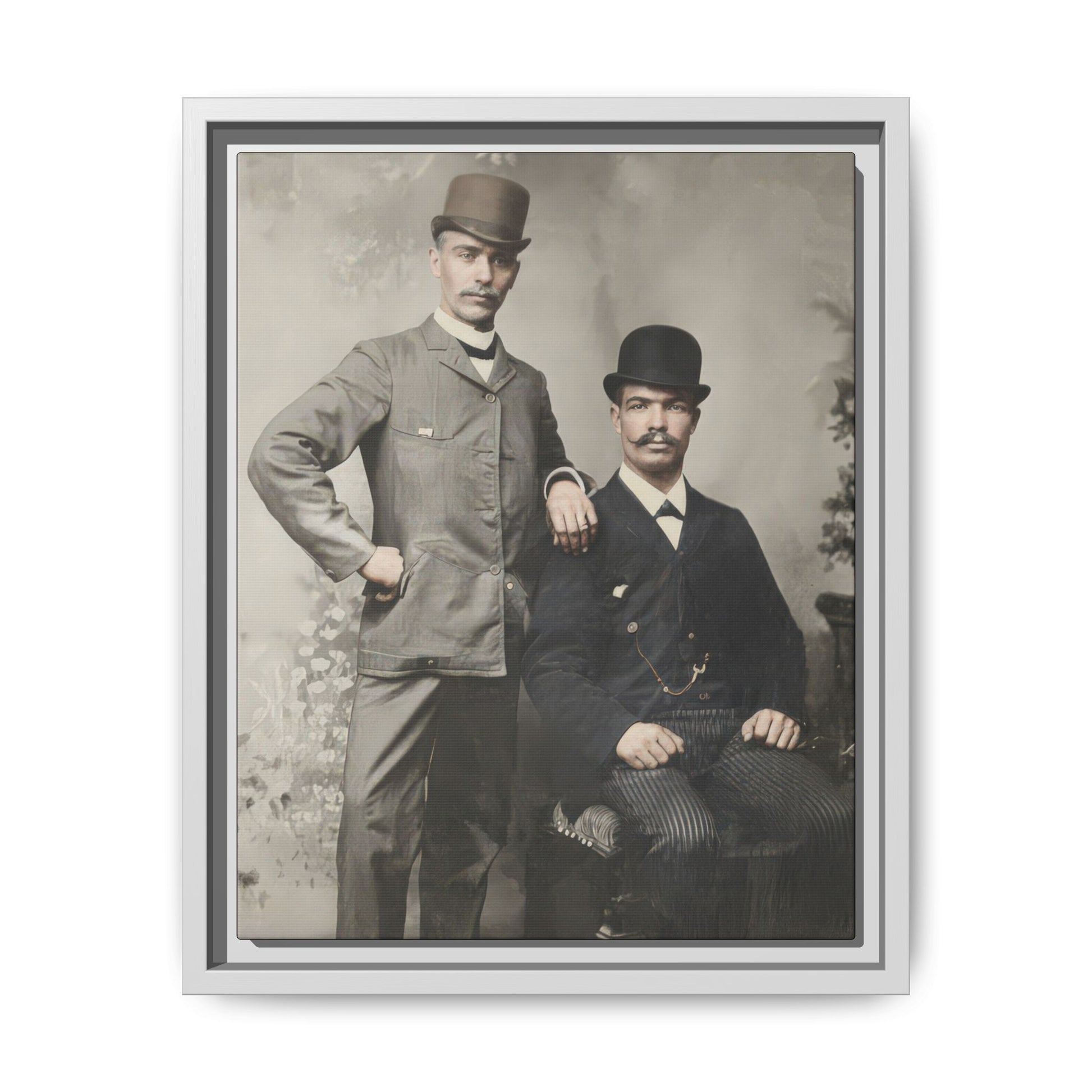 Museum-style archival photo reproduction of an early 20th-century formal double portrait with painted backdrop