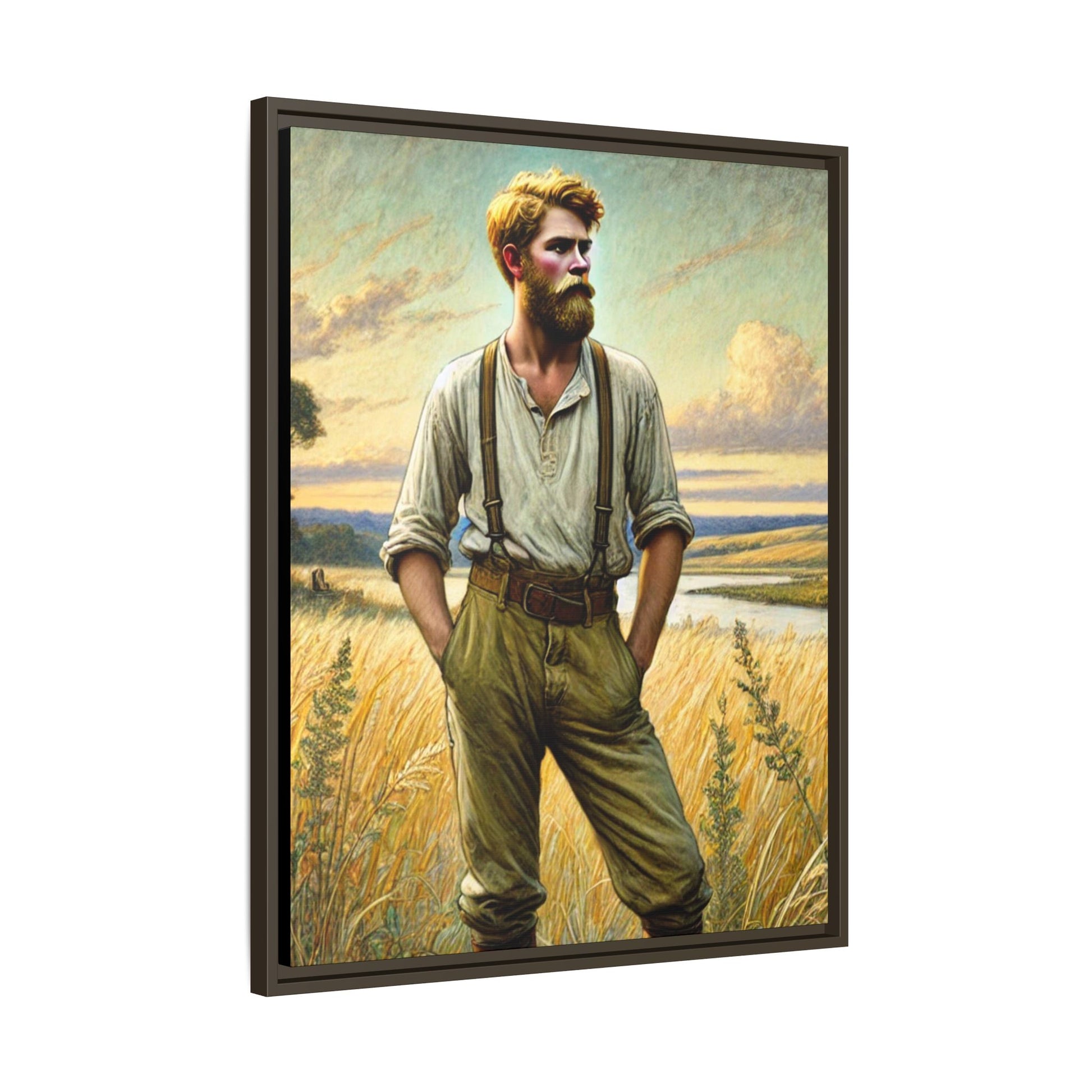 Framed artwork of a confident farmer in 19th-century attire, standing in a golden wheat field, inspired by Walt Whitman’s Song of Myself in Leaves of Grass.