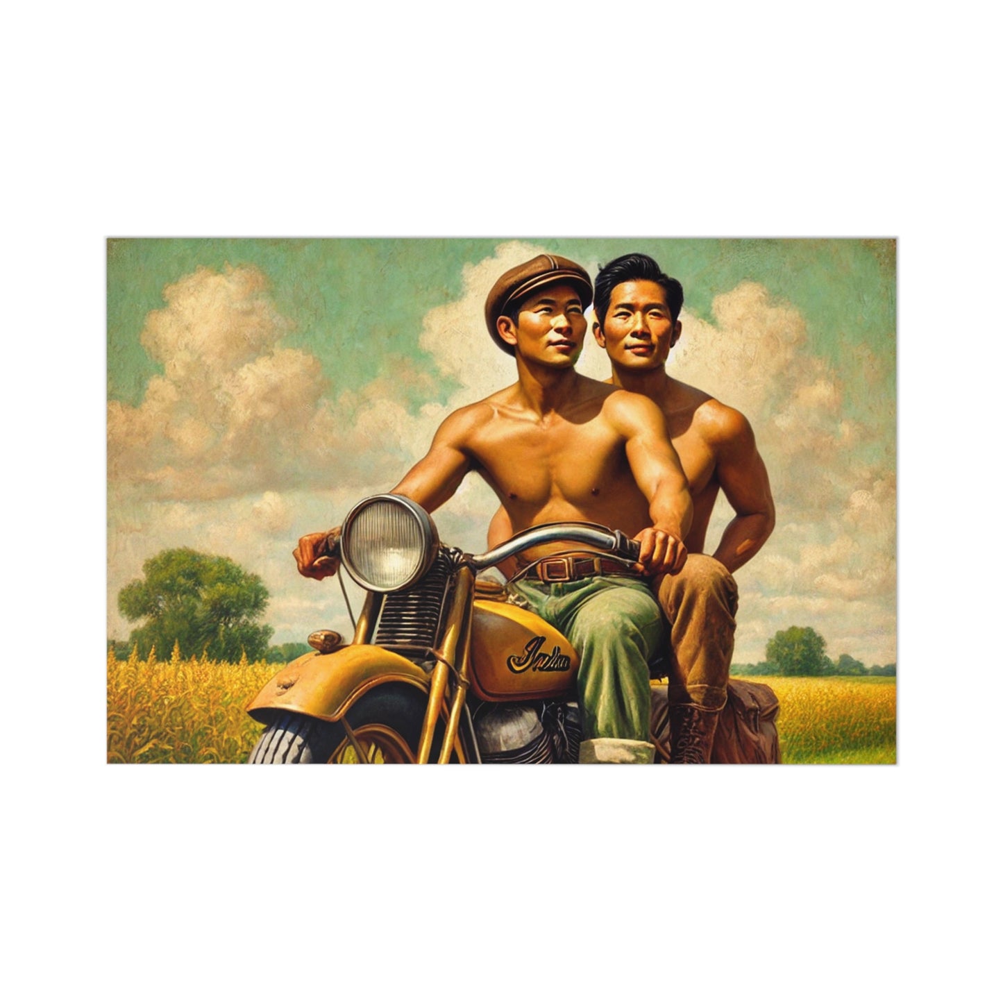 A heartfelt postcard design featuring an Asian-American gay couple on a vintage yellow motorcycle in scenic Iowa.