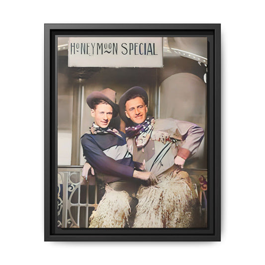 Vintage portrait of Harry & Earl in whimsical cowboy attire under the "Honeymoon Special" sign, set in 1920s San Antonio. Framed matte canvas art celebrating LGBTQ+ love and rustic Americana charm. Perfect for history enthusiasts and rustic decor lovers. Gay Marriage Wedding Gift