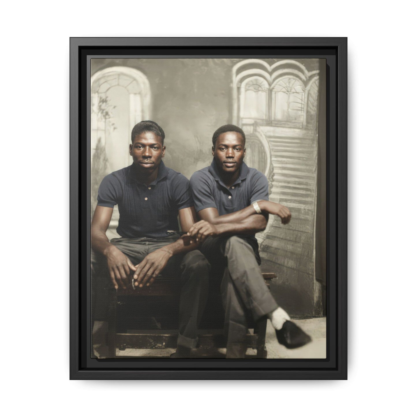 vintage double portrait two men studio photograph canvas wall art