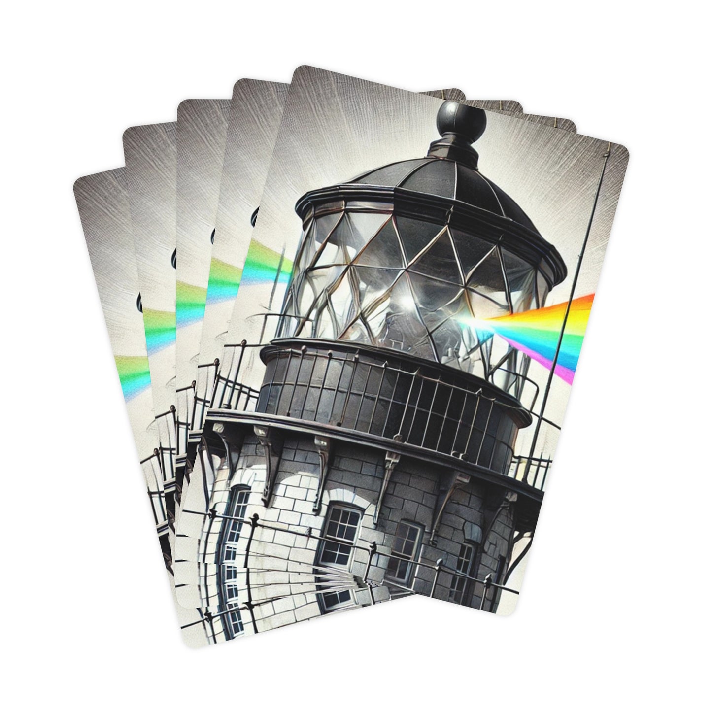 Custom design of a lighthouse emitting a radiant rainbow beam, symbolizing hope, safety, and inclusivity. The artwork represents guidance and the promotion of LGBTQ+ equality, featured on a premium poker card design.