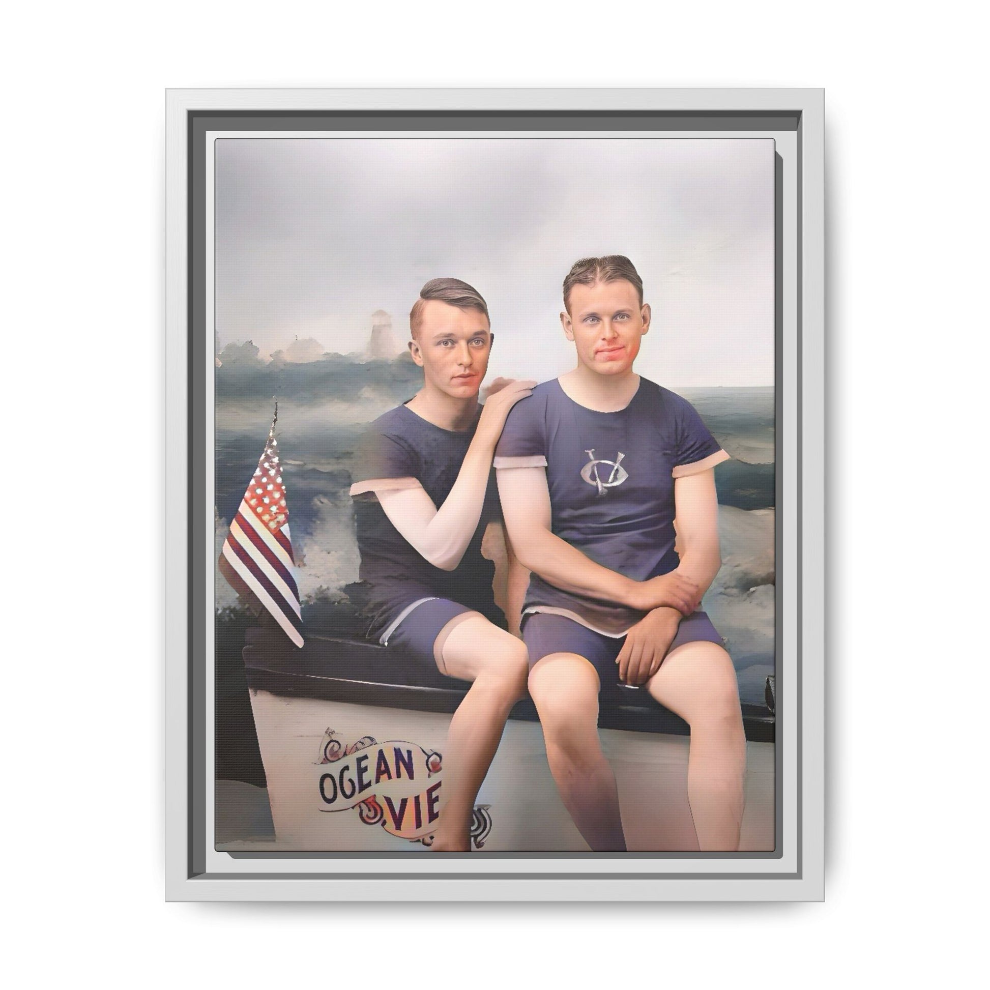 Restored vintage 1920s photo of Lee & Gerald, a gay couple in nautical swimwear by the ocean in Jacksonville FL, framed canvas art.