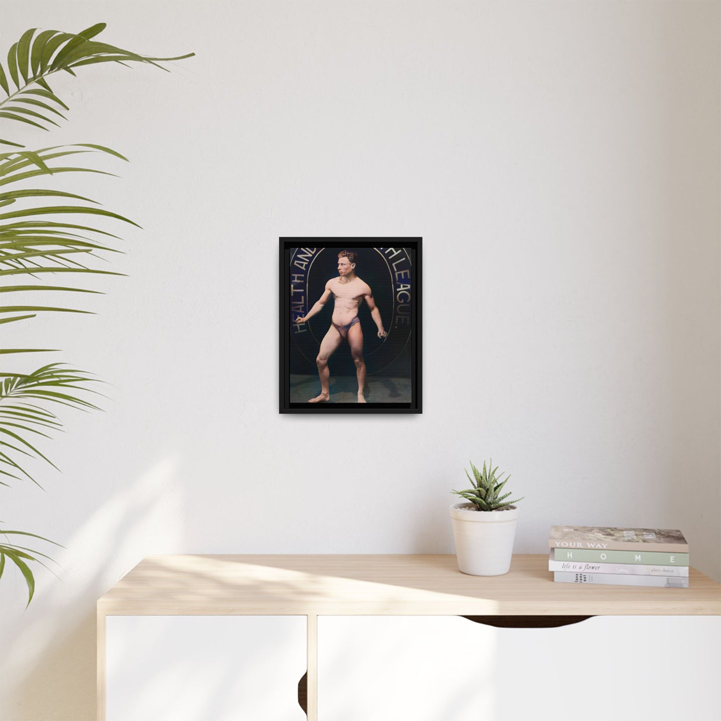 Restored vintage photo of Robert, a young bodybuilder from Manchester, UK, circa early 20th century, framed canvas.