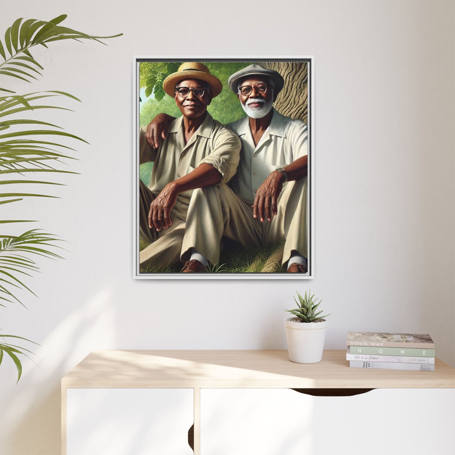 Framed artwork of a gay African-American couple in Cedar Rapids, Iowa, 1930s, celebrating love and resilience.