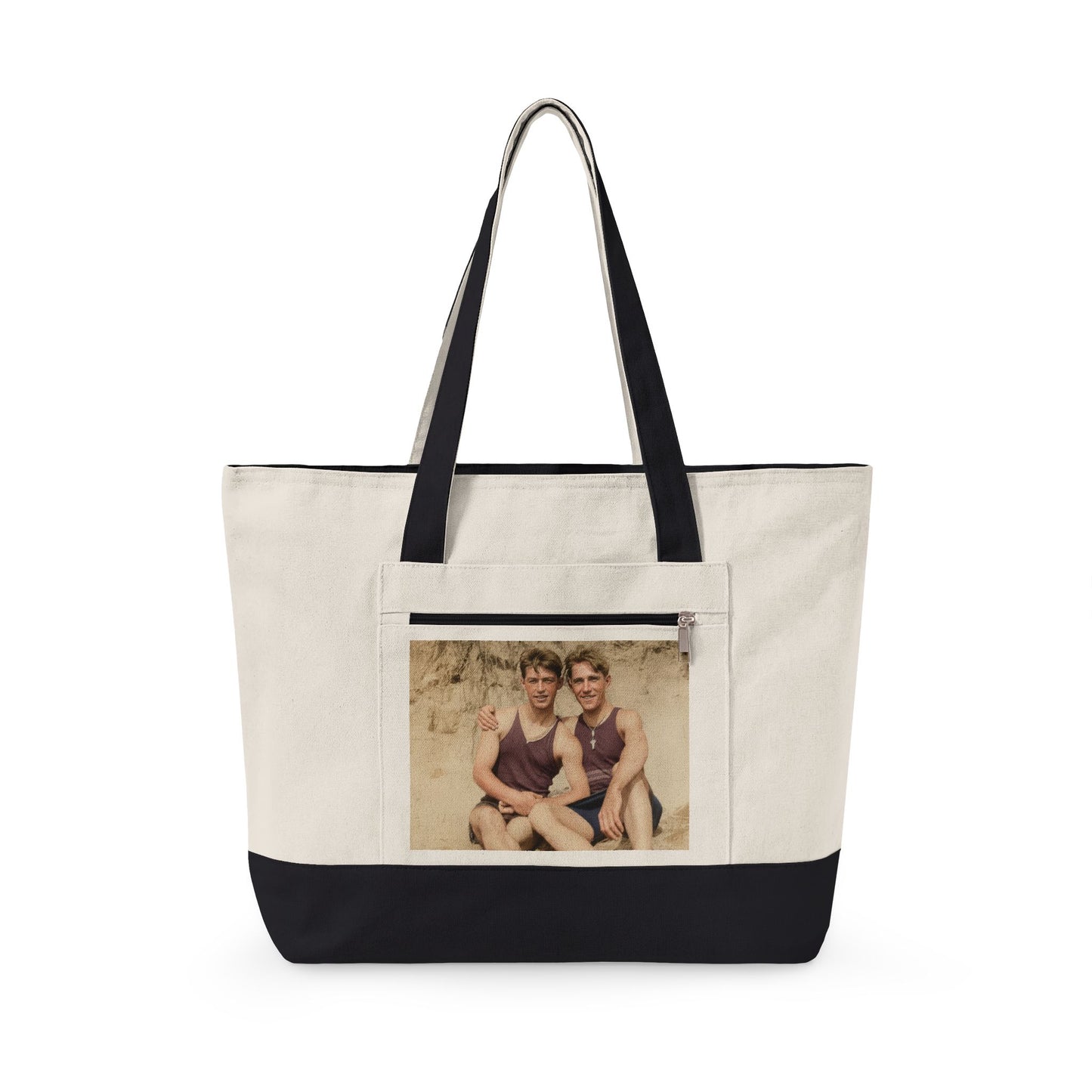 Zippered canvas tote with vintage beach companionship photograph 