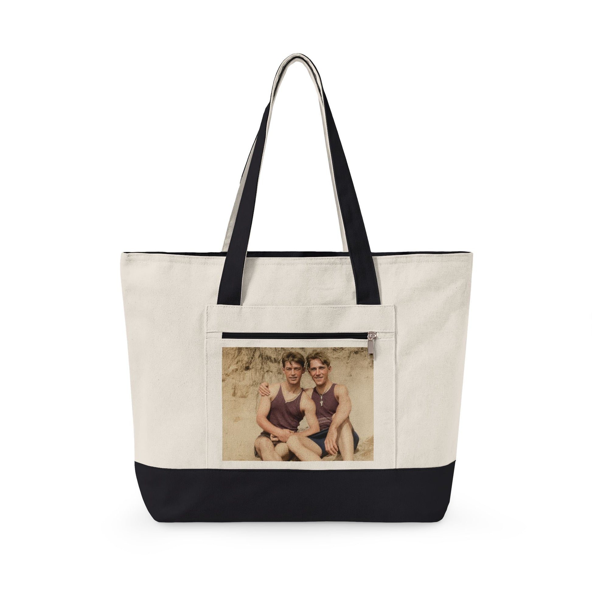 Zippered canvas tote with vintage beach companionship photograph 