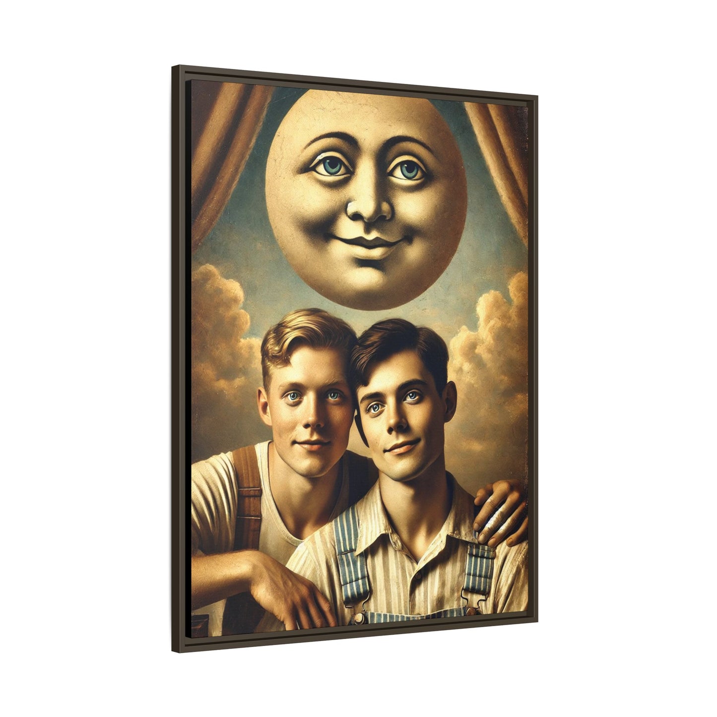 Framed matte canvas portrait featuring two young men in vintage overalls with a crescent moon prop above them. This artwork from the Missing Art Studies series reclaims LGBTQ+ imagery that may have been lost to bias, presenting warmth, intimacy, and presence.