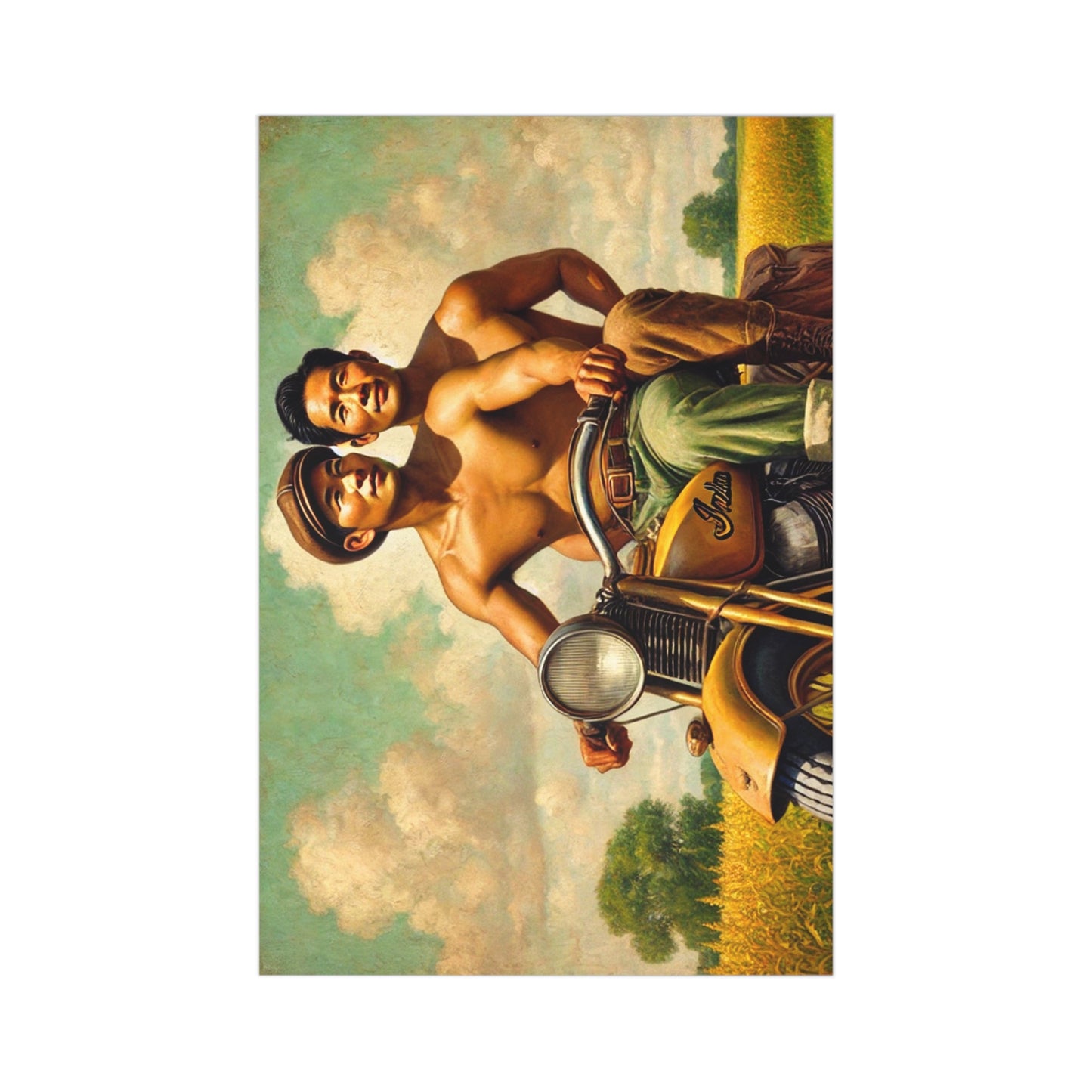 A heartfelt postcard design featuring an Asian-American gay couple on a vintage yellow motorcycle in scenic Iowa.