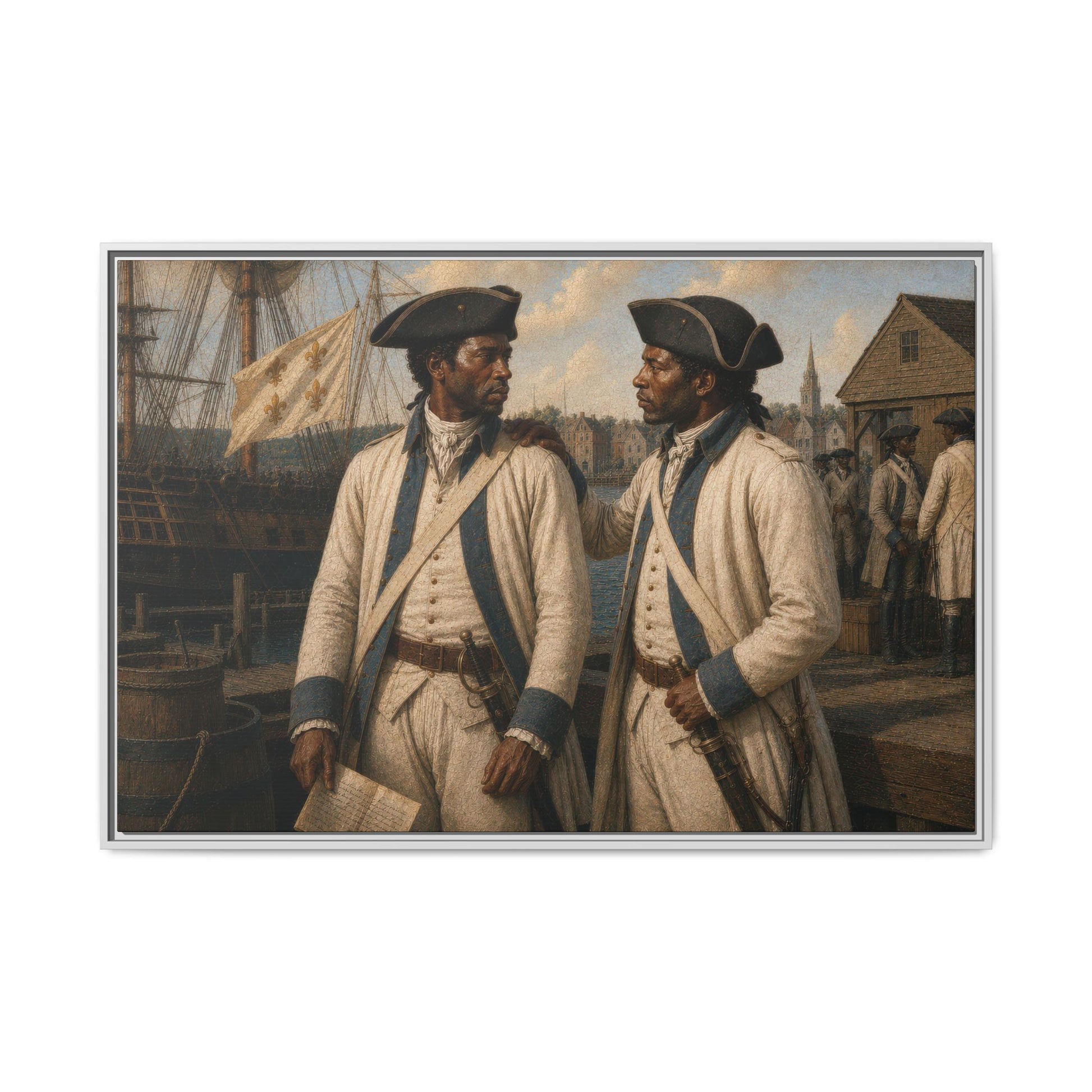 Companions of Liberty portrait showing two uniformed Black troops near an eighteenth-century ship and dock. 