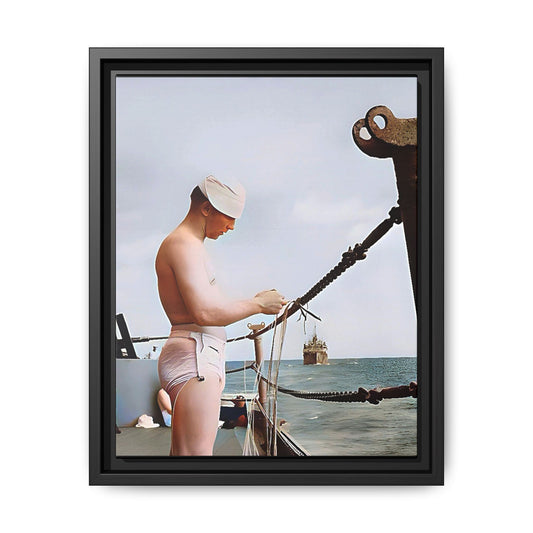 A framed vintage naval portrait on matte canvas featuring a sailor aboard the USS Iowa, honoring maritime history and dedication.