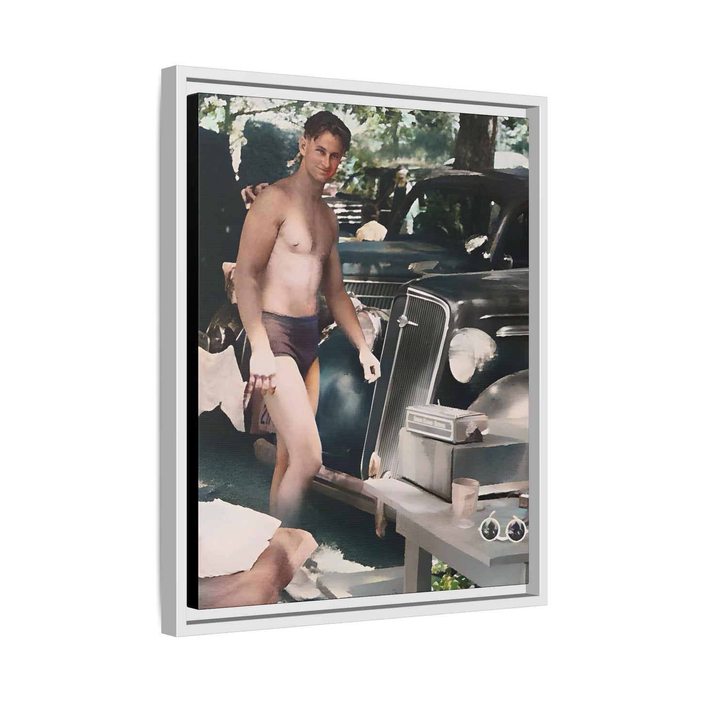 Restored 1930s photo of Jude standing by a vintage roadster in Cleveland OH, framed matte canvas art.