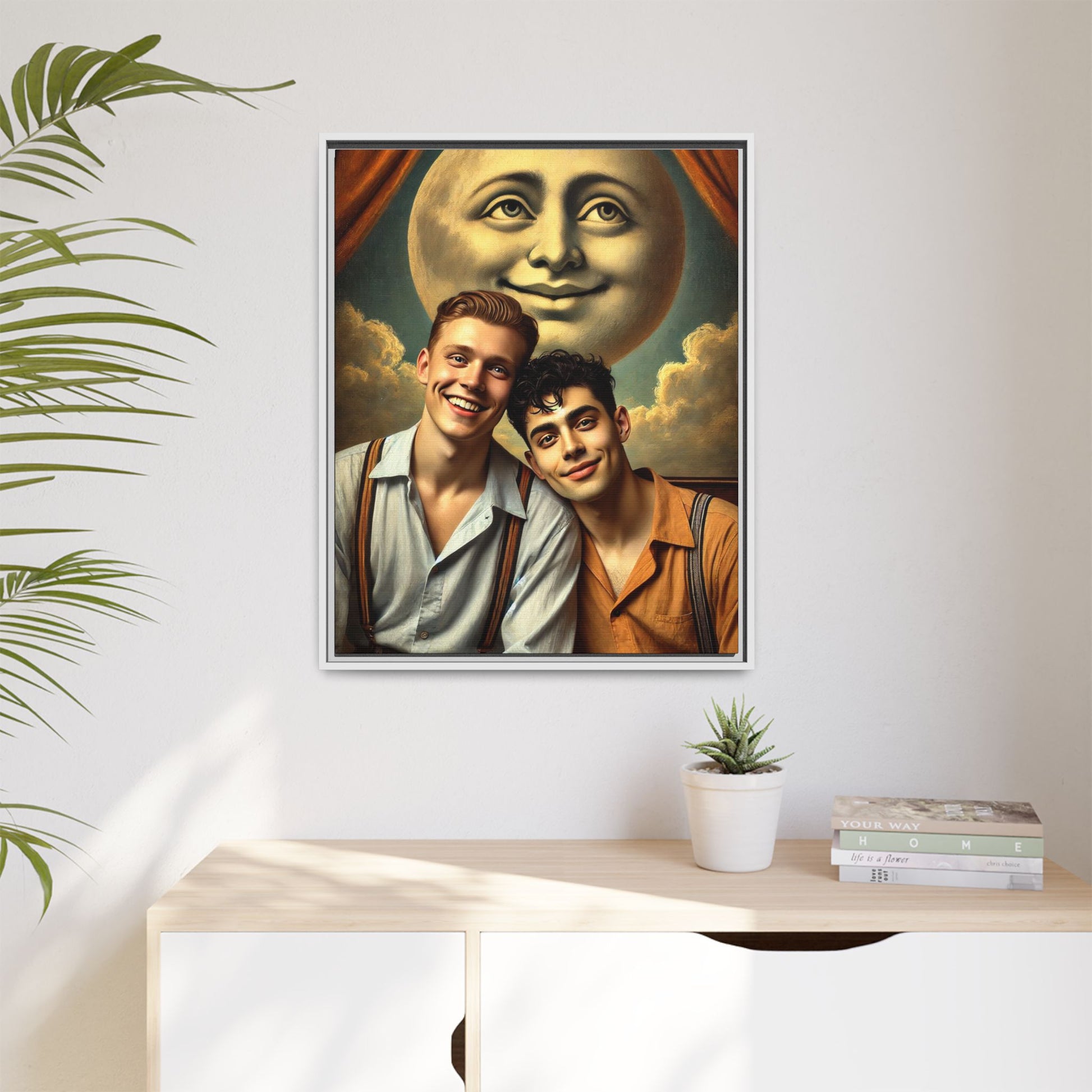 Framed artwork featuring a joyful queer couple in 1930s attire, seated close together beneath a smiling full moon in a theatrical studio setting. A celebration of reclaimed LGBTQ+ narratives in nostalgic portraiture.