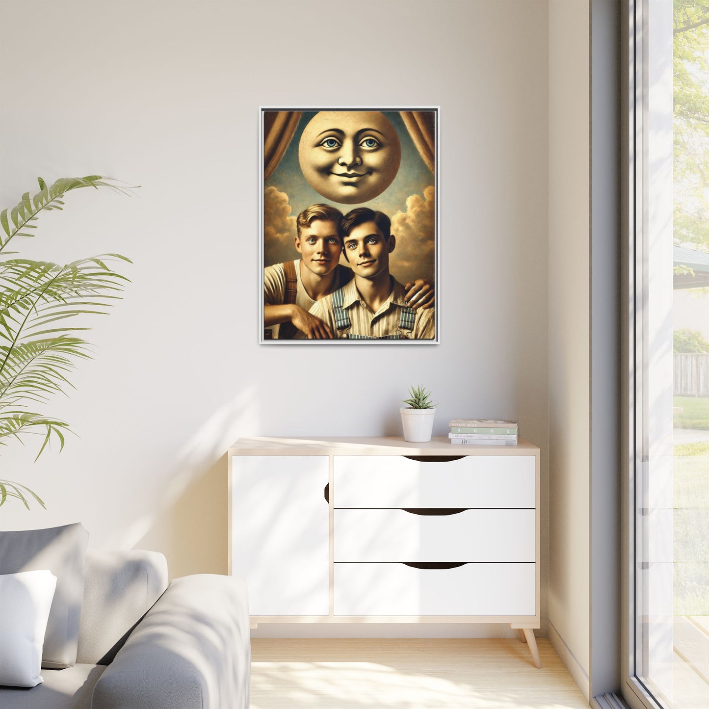 Framed matte canvas portrait featuring two young men in vintage overalls with a crescent moon prop above them. This artwork from the Missing Art Studies series reclaims LGBTQ+ imagery that may have been lost to bias, presenting warmth, intimacy, and presence.