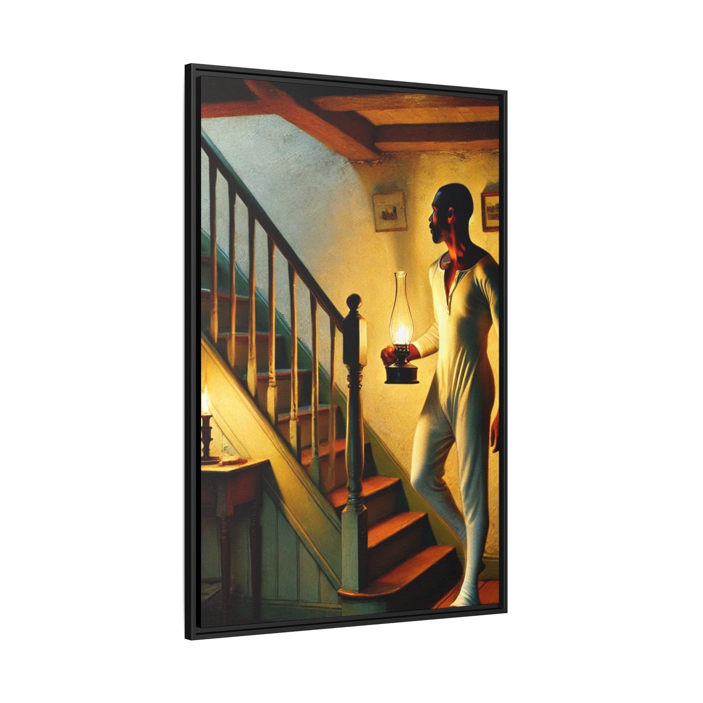 Framed artwork of an African-American man holding a lantern on a staircase, inspired by Grant Wood's style.