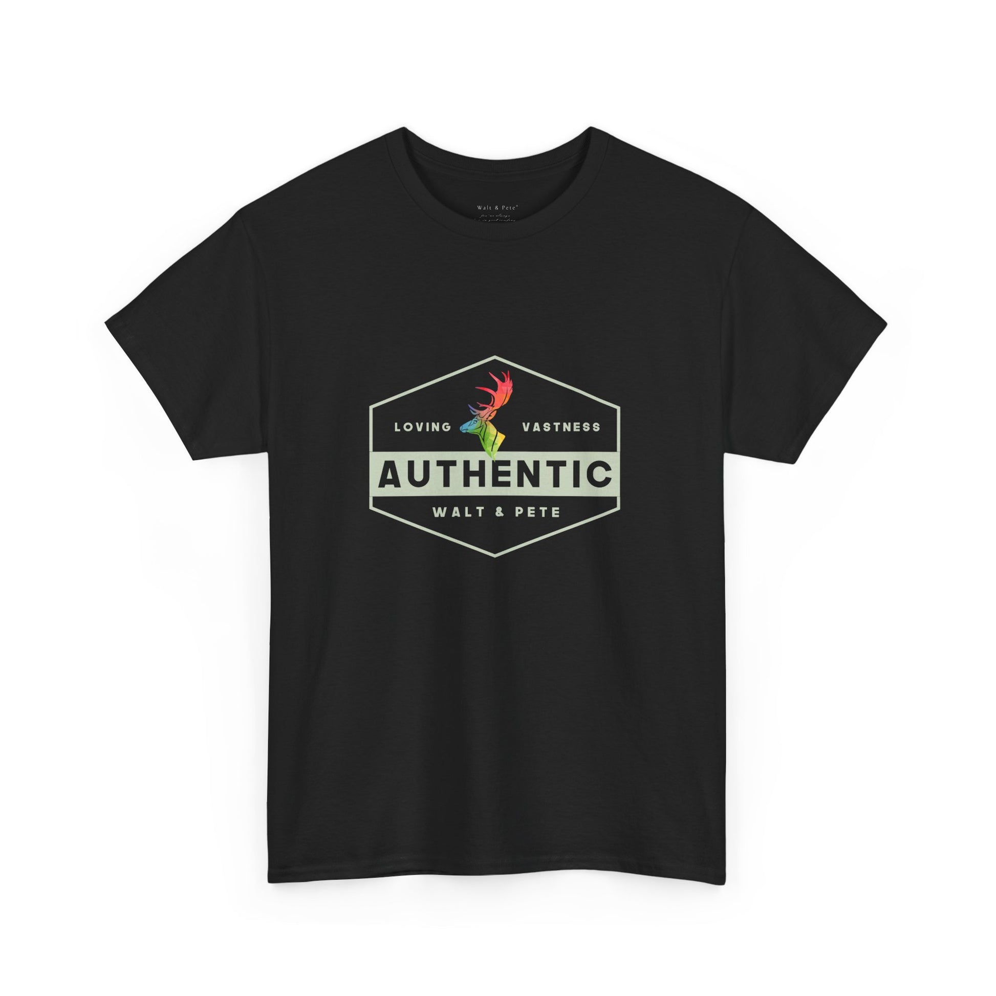 unisex LGBTQ+ t-shirt with a hexagonal badge design reading “Authentic” and “Loving & Vastness,” featuring a rainbow antler—symbolizing self-love, queer pride, and emotional depth.