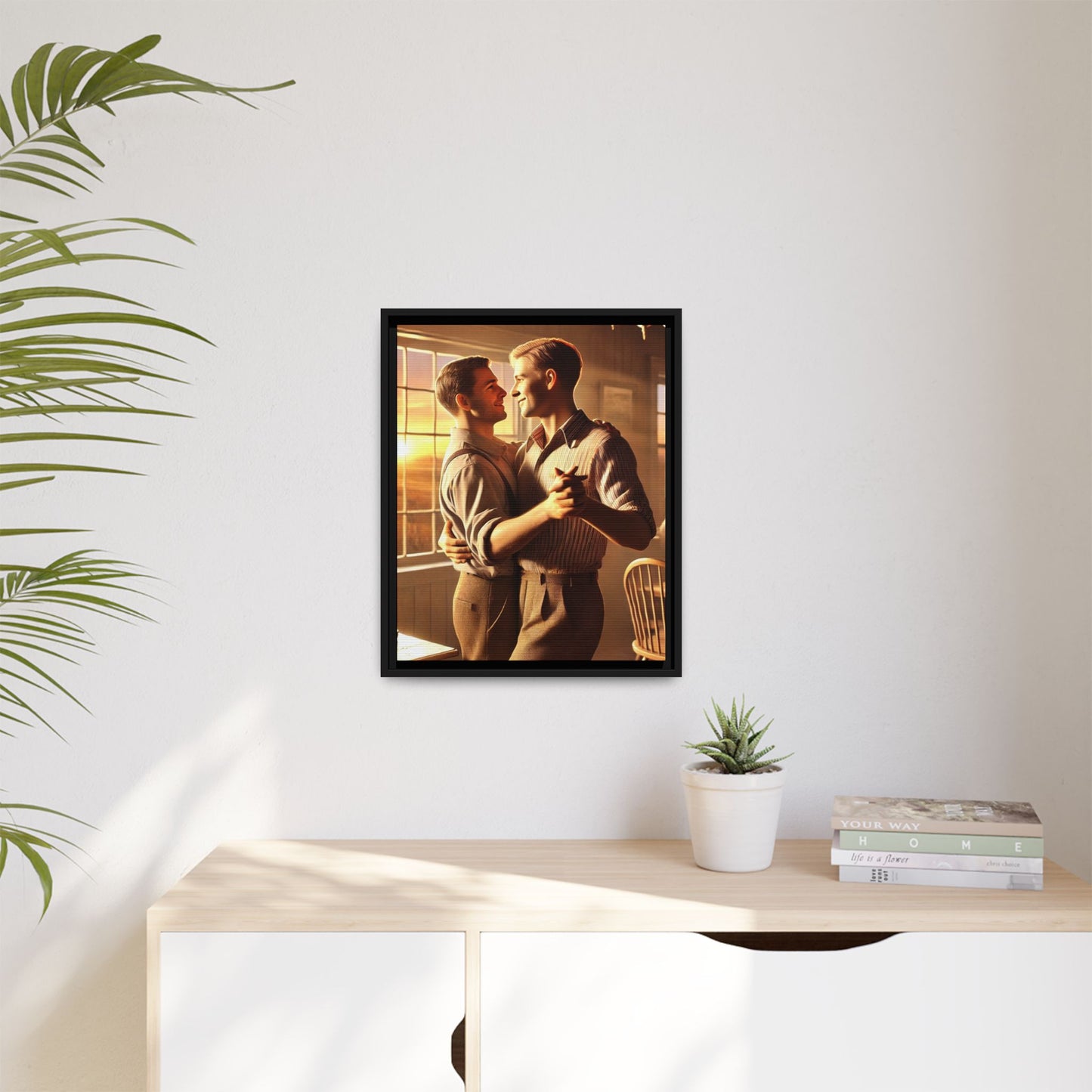 Art of a gay couple dancing in a sunlit dining room, inspired by Grant Wood’s Americana style and celebrating love.