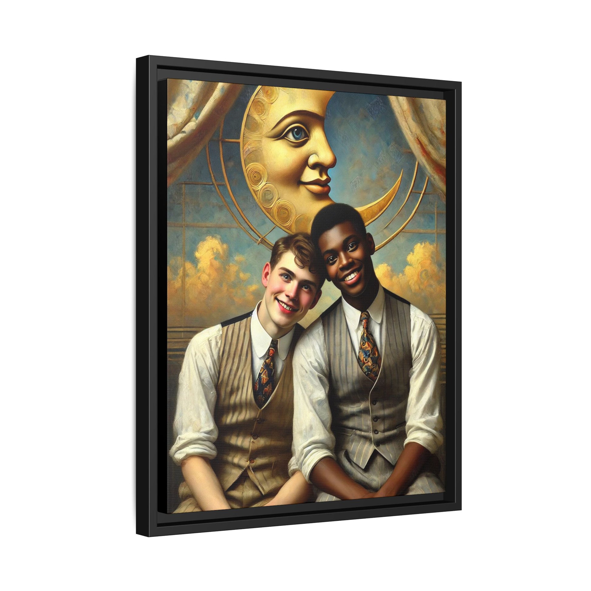 A vintage-style artwork showing a young interracial gay couple in 1920s attire sitting beneath a golden crescent moon with a serene expression. Their joyful closeness reclaims erased queer history and reflects the beauty of interracial love through a lens of tenderness and celebration.
