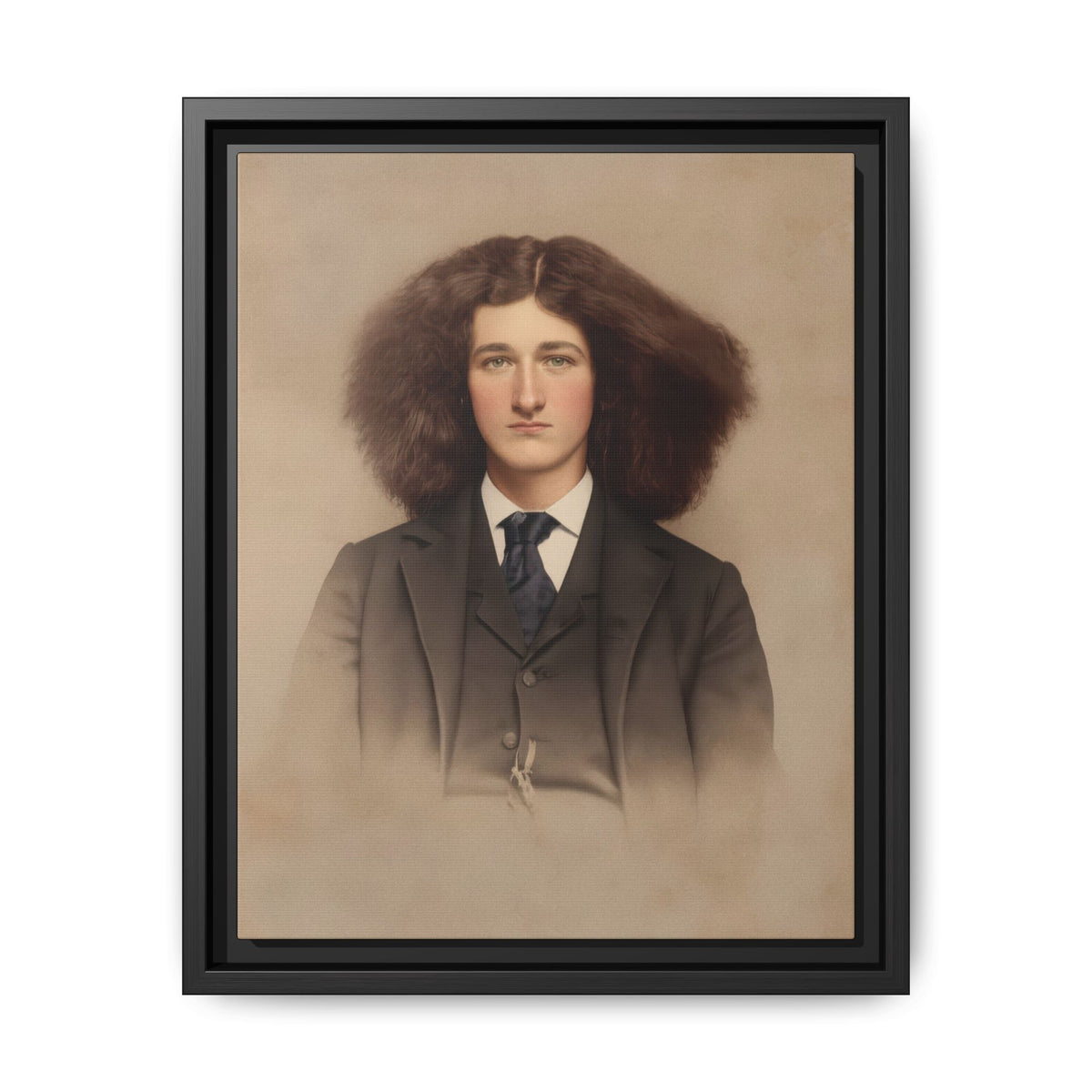 Restored Victorian studio portrait of a long-haired sitter wearing a dark three-piece suit, white collar, and blue tie against a warm beige backdrop.