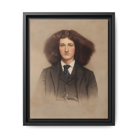 Restored Victorian studio portrait of a long-haired sitter wearing a dark three-piece suit, white collar, and blue tie against a warm beige backdrop.