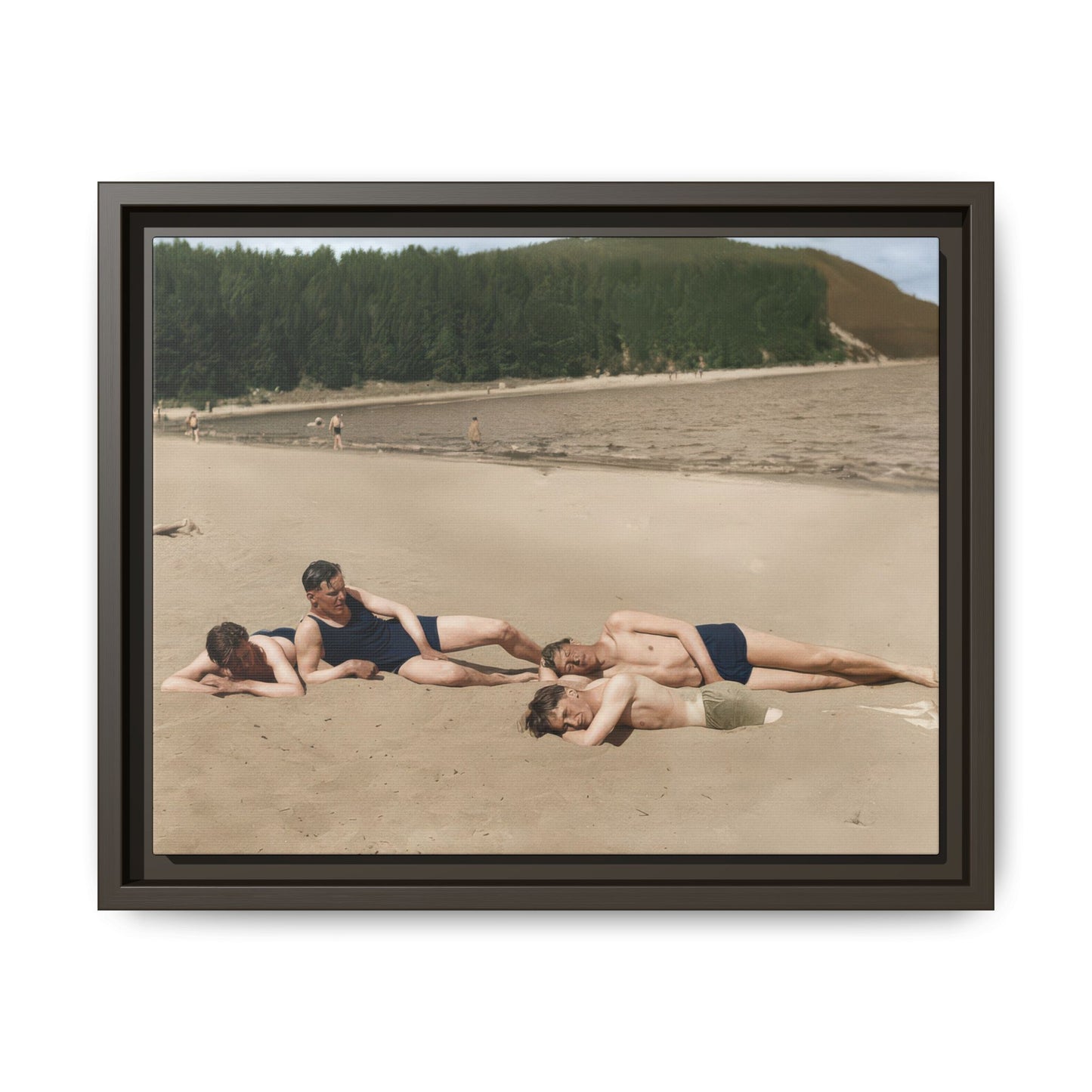 Vintage lakeside bathing scene wall art featuring four figures on sand near the water 