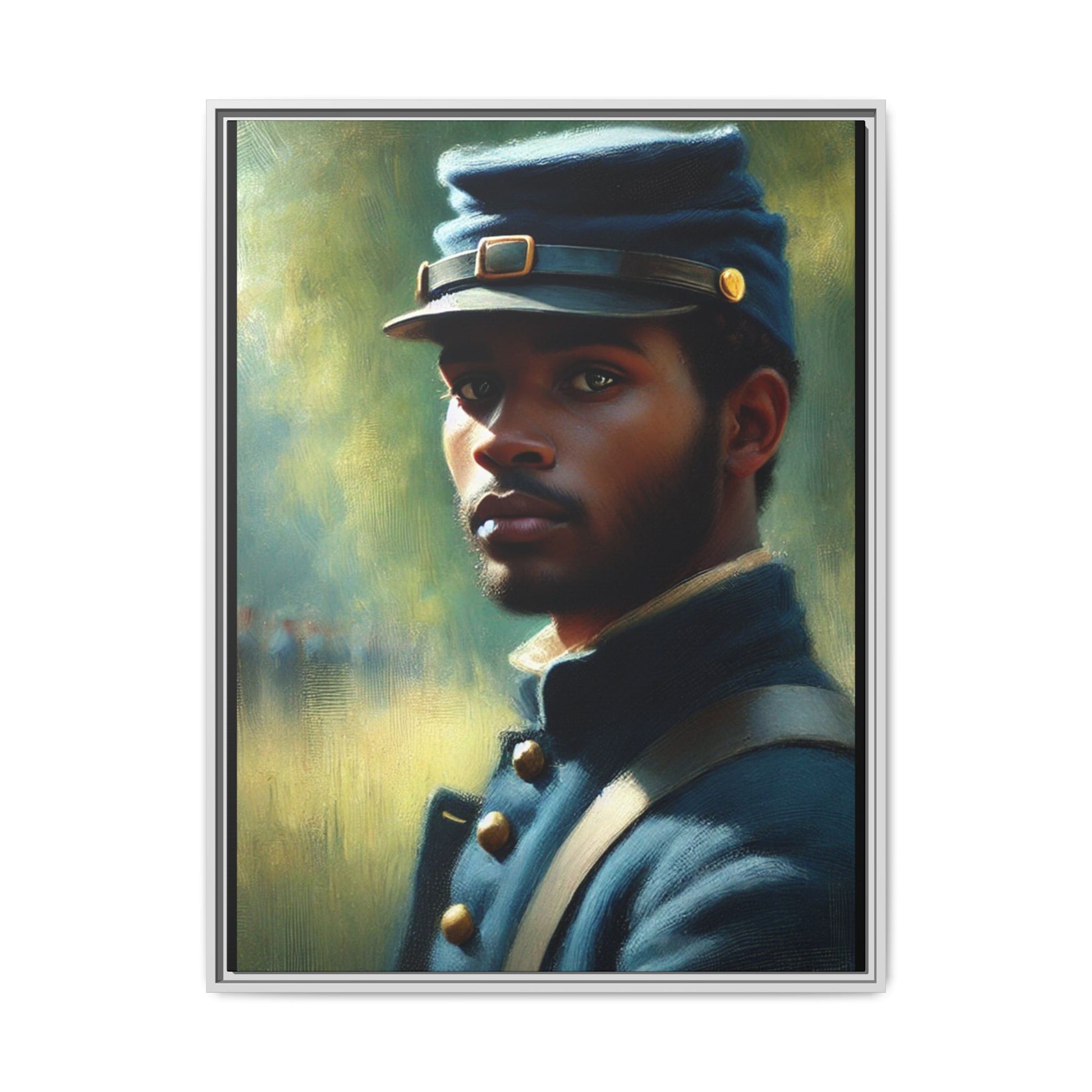 Portrait of an African American Civil War Union soldier in a kepi and navy wool coat, inspired by Walt Whitman’s Drum-Taps, honoring bravery, sacrifice, and resilience.