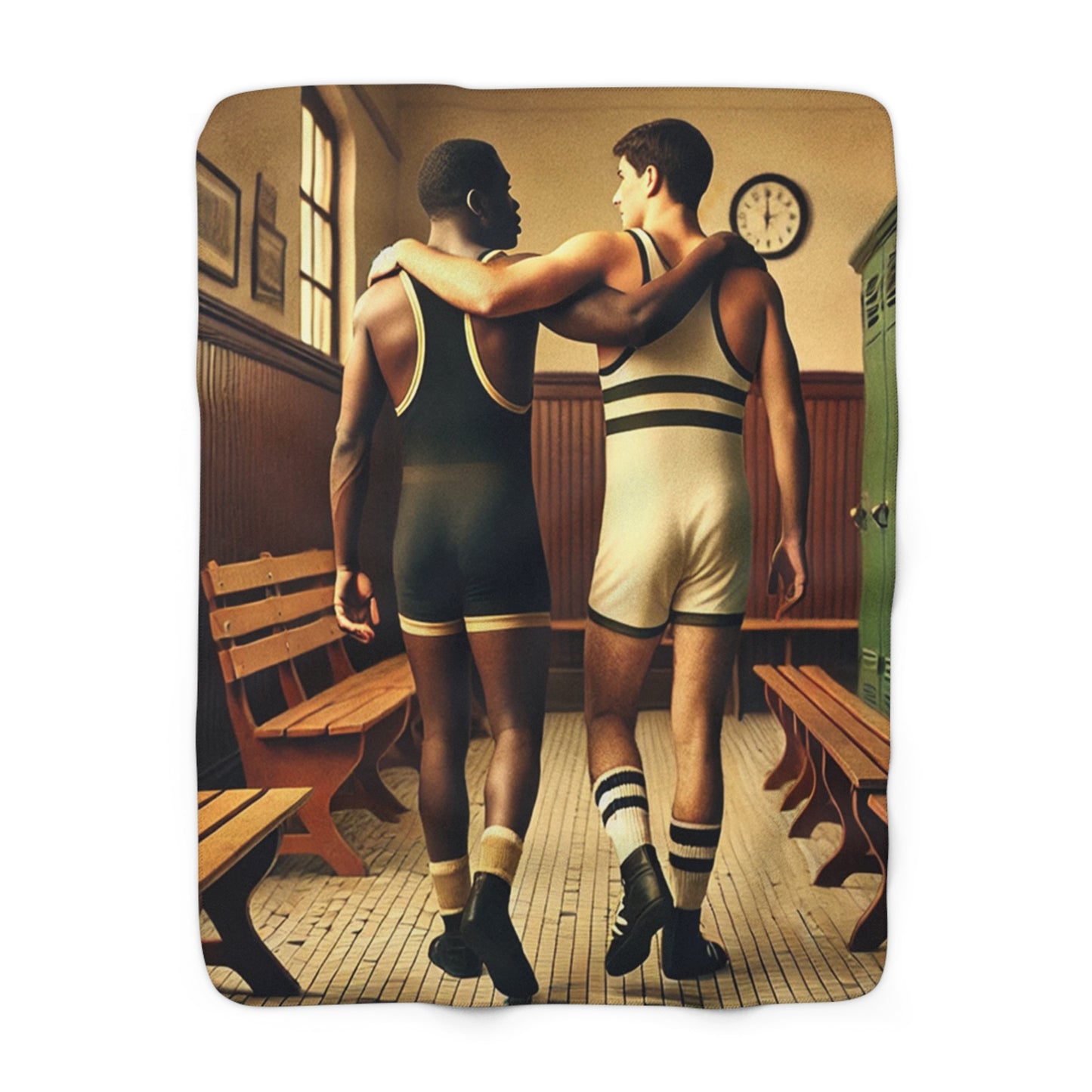Heirloom sherpa blanket featuring Missing Grant 033 artwork of two athletes walking through a locker room 