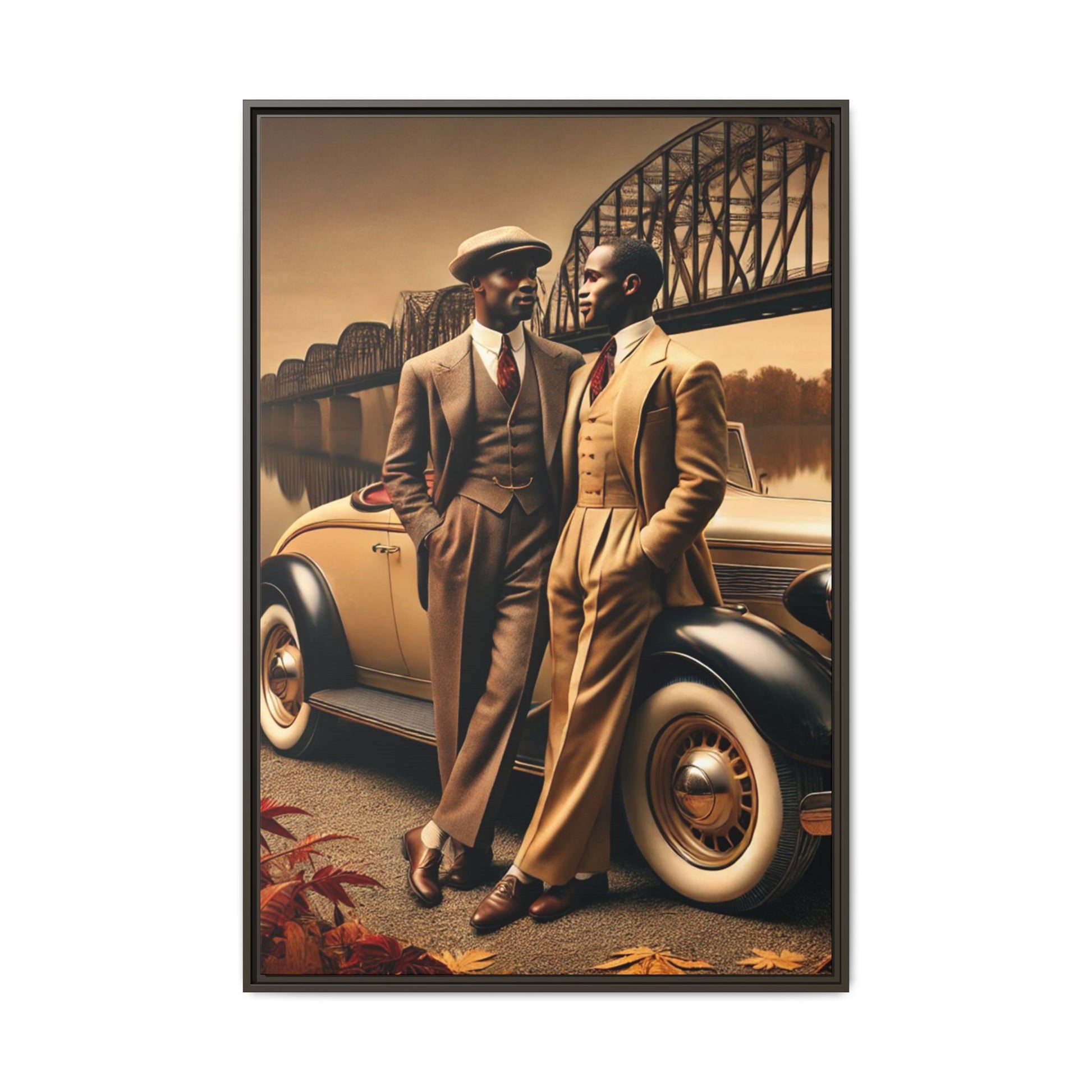 Vintage-style artwork of an African-American gay couple in the 1930s by the Mississippi River with a Packard car, celebrating love and resilience.