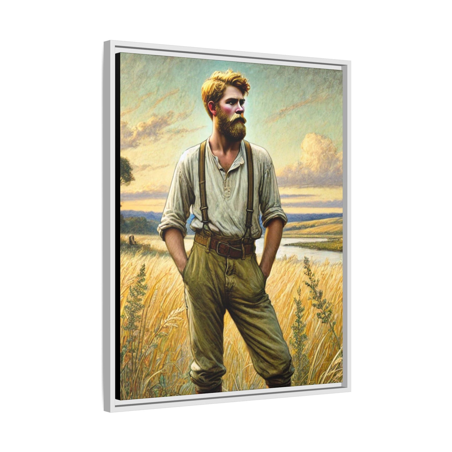 Framed artwork of a confident farmer in 19th-century attire, standing in a golden wheat field, inspired by Walt Whitman’s Song of Myself in Leaves of Grass.