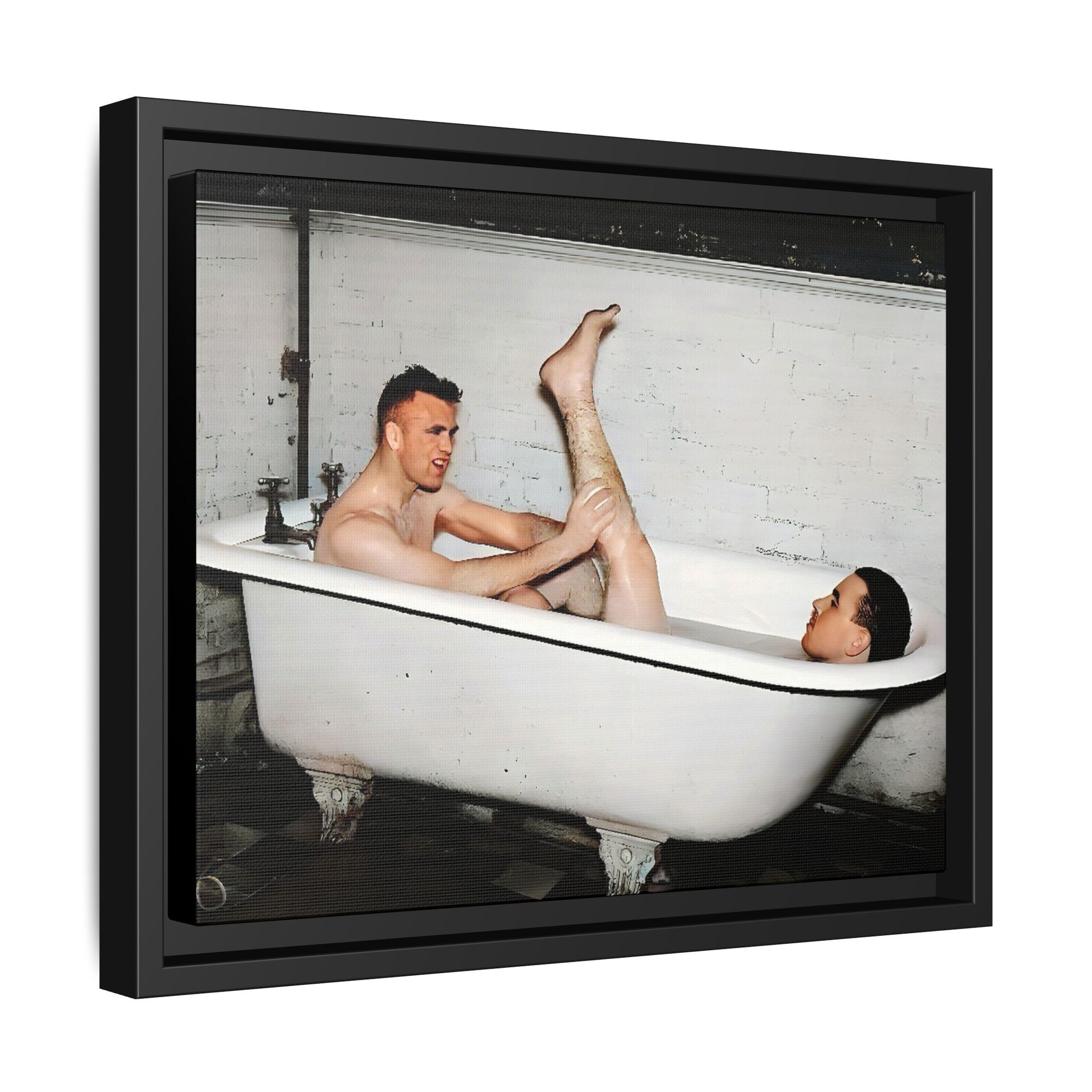 Restored vintage photo of Leon & Michael, a playful gay couple in a clawfoot bathtub, early 20th century, framed canvas.