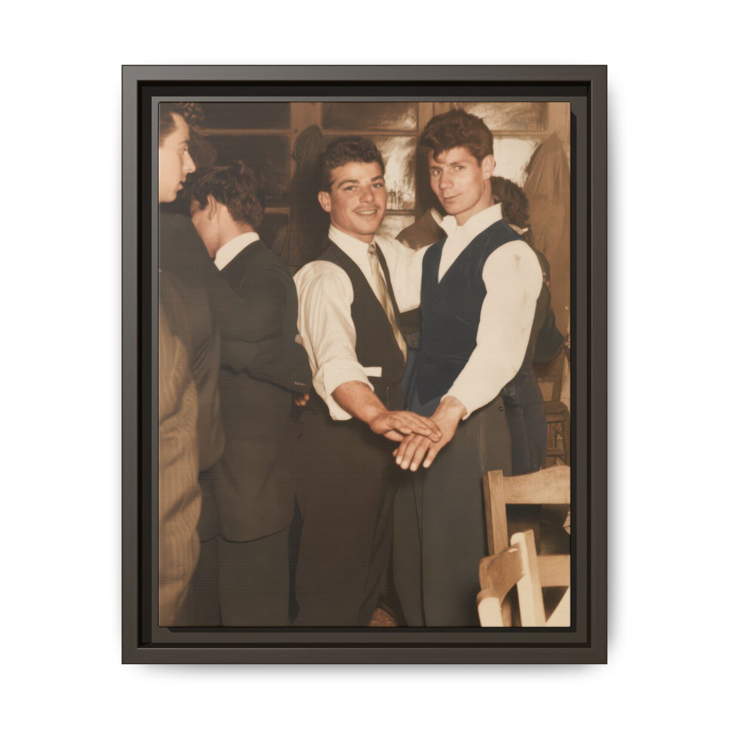 Mid 20th century interior portrait framed canvas wall art with hand-held dance pose