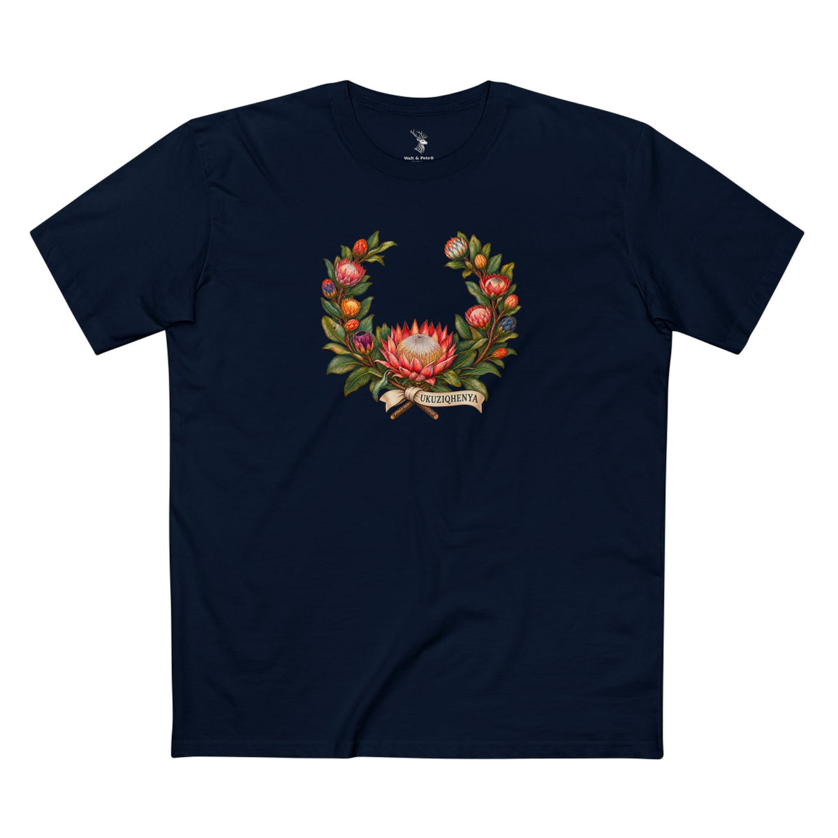  Dark-colored South African Pride T-shirt with a protea wreath in muted pink, red, orange, cream, blue, and violet, accented by light UKUZIQHENYA lettering.