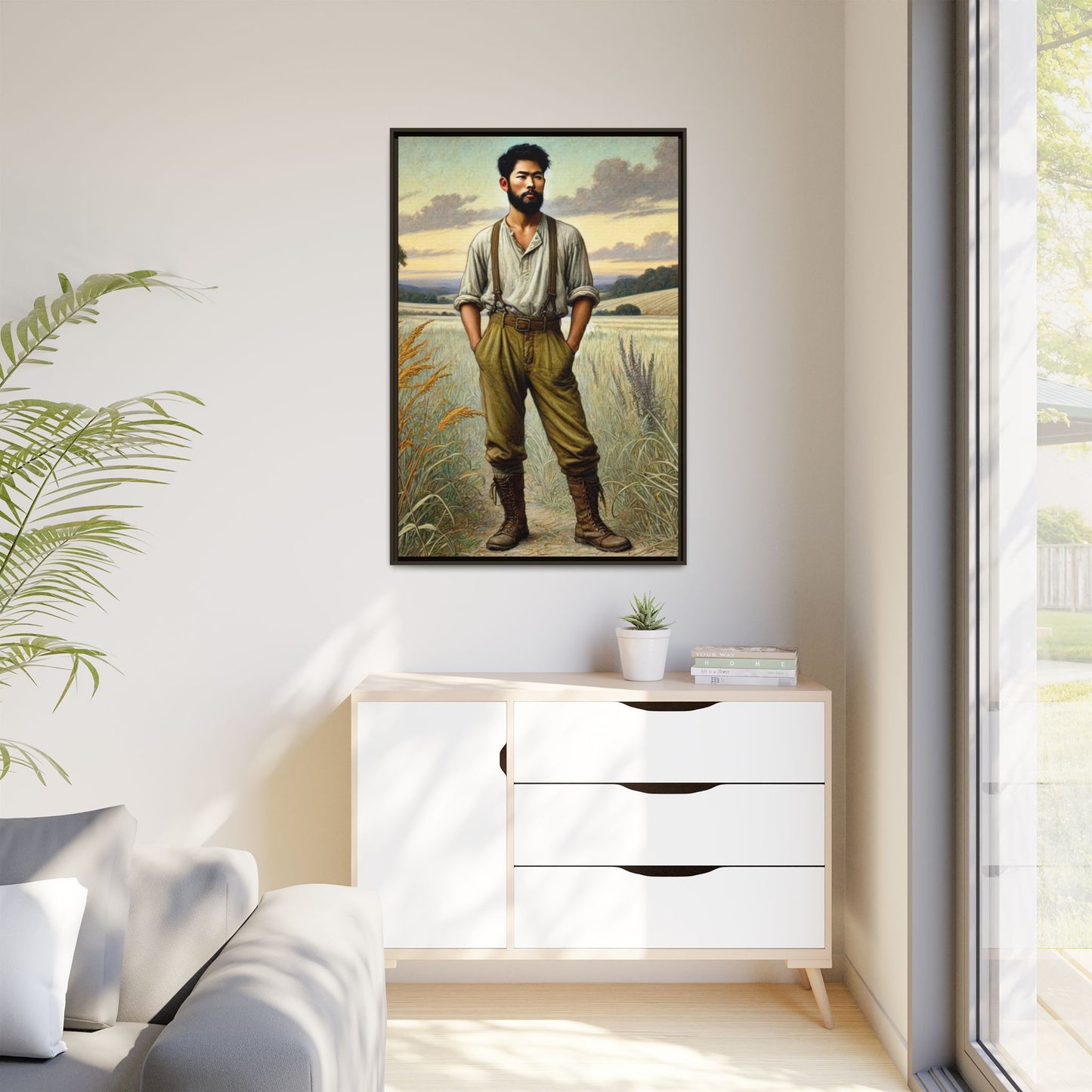 Framed artwork of an Asian-American farmer in 19th-century attire, inspired by Walt Whitman’s Leaves of Grass and Song of Myself, set against a serene rural backdrop of golden wheat fields and rolling hills.