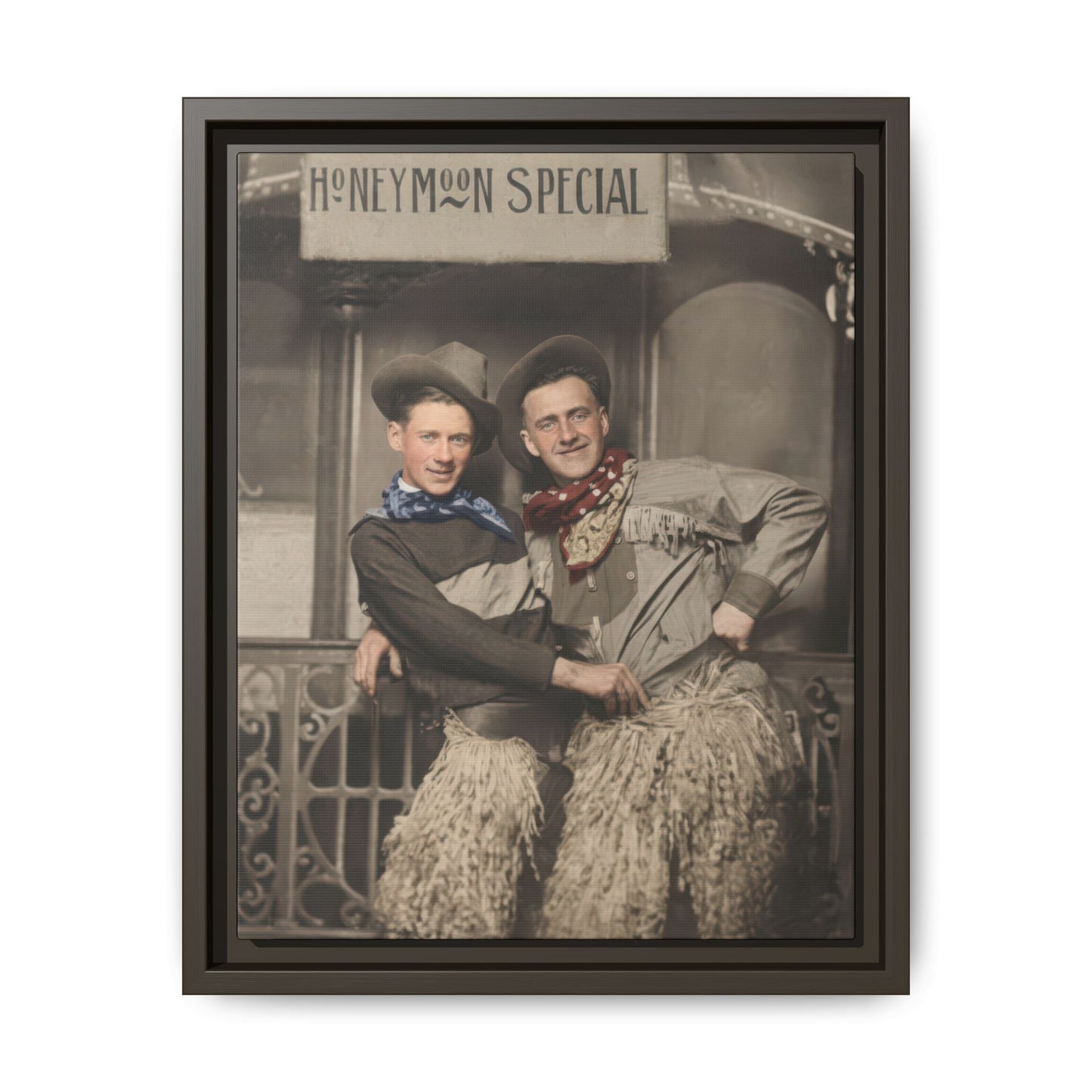Early 20th century studio photo with cowboy hats and fringe garments