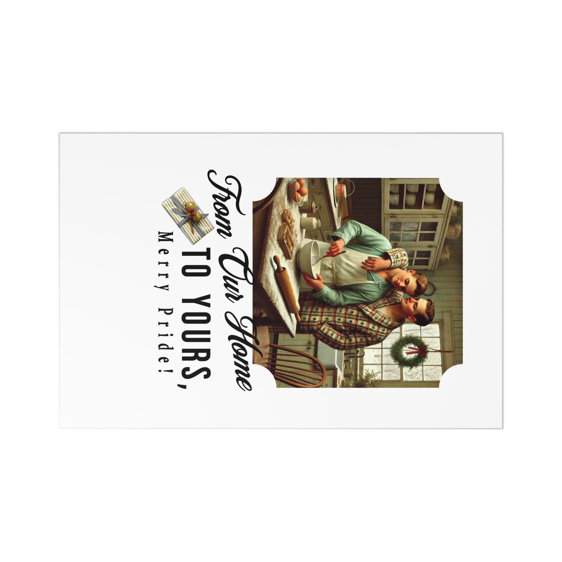 Festive postcard set featuring a gay couple in a cozy 1920s-style Christmas kitchen, celebrating pride and holiday warmth.