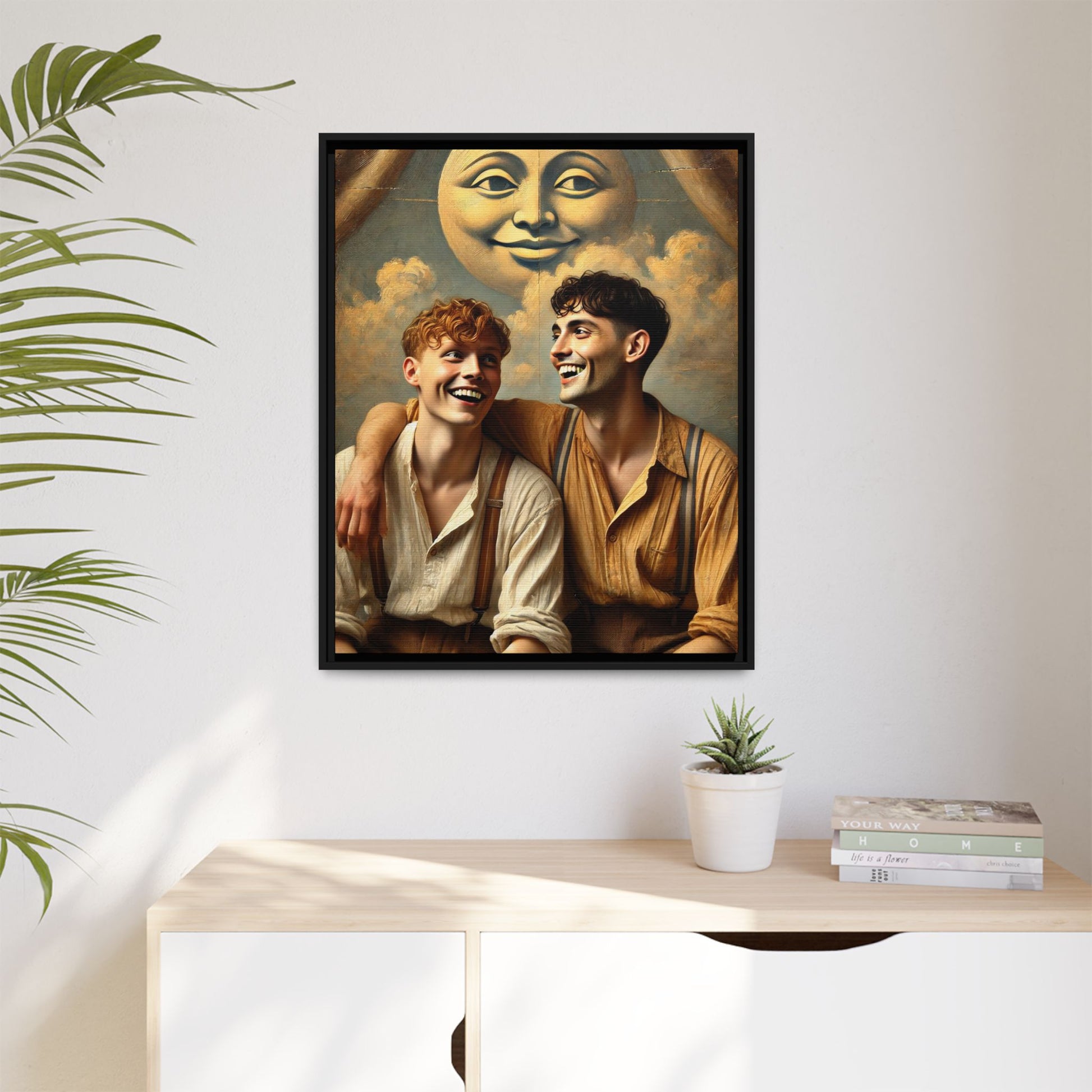 Queer artwork of two joyful young men dressed in vintage clothing with rolled sleeves and suspenders, laughing under a large moon prop in a dreamy studio scene. A celebration of love and resilience reclaimed from forgotten queer histories.