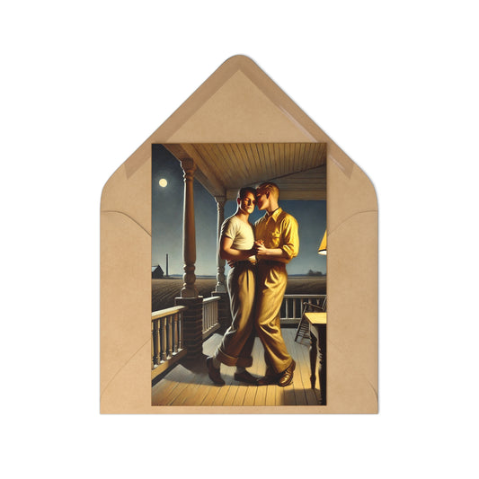 Intimate artwork of a loving gay couple standing hand-in-hand on a moonlit farmhouse porch, inspired by Grant Wood's Americana style.