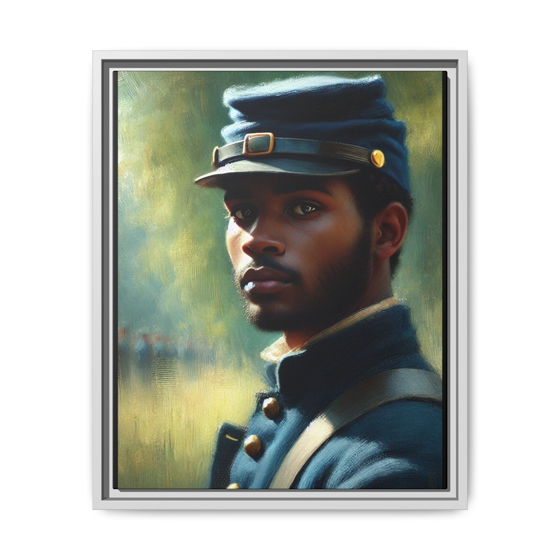 Portrait of an African American Civil War Union soldier in a kepi and navy wool coat, inspired by Walt Whitman’s Drum-Taps, honoring bravery, sacrifice, and resilience.