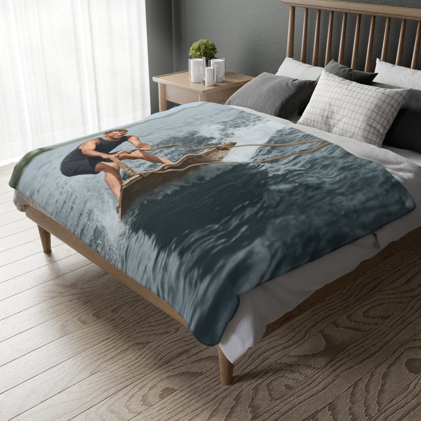 xHeirloom Sherpa Blanket – Early Aquaplaning Figure on Open Water, Restored Historical Image, Premium Fleece Throw (50x60, 60x80)