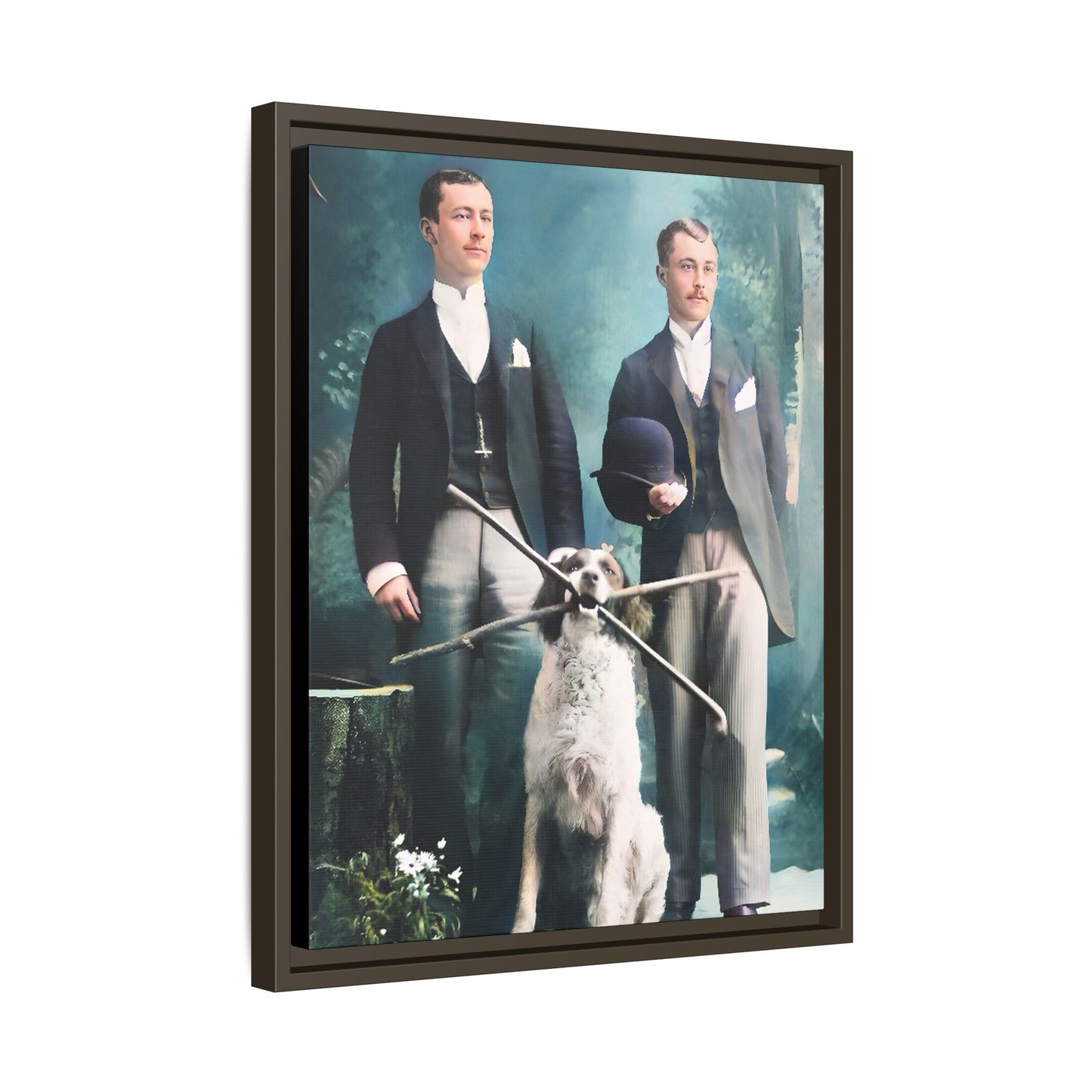 Restored vintage photograph of Patrick and Everett, an Edwardian gay couple with their loyal dog, taken in early 1900s Frankfort, Kentucky. Framed matte canvas print celebrating LGBTQ+ history, love, and companionship.