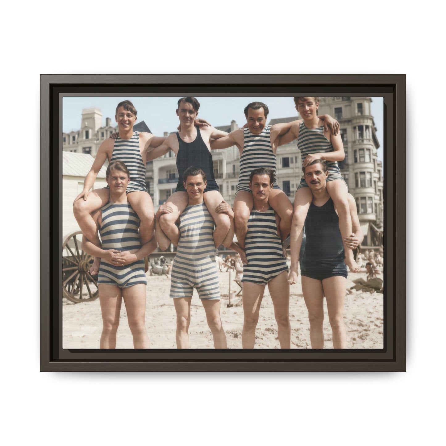 Historical beach scene reproduced as framed matte canvas wall art 