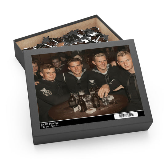 Four Sailors at the Table jigsaw puzzle featuring dark naval uniforms, striped collars, and brown bottles.”