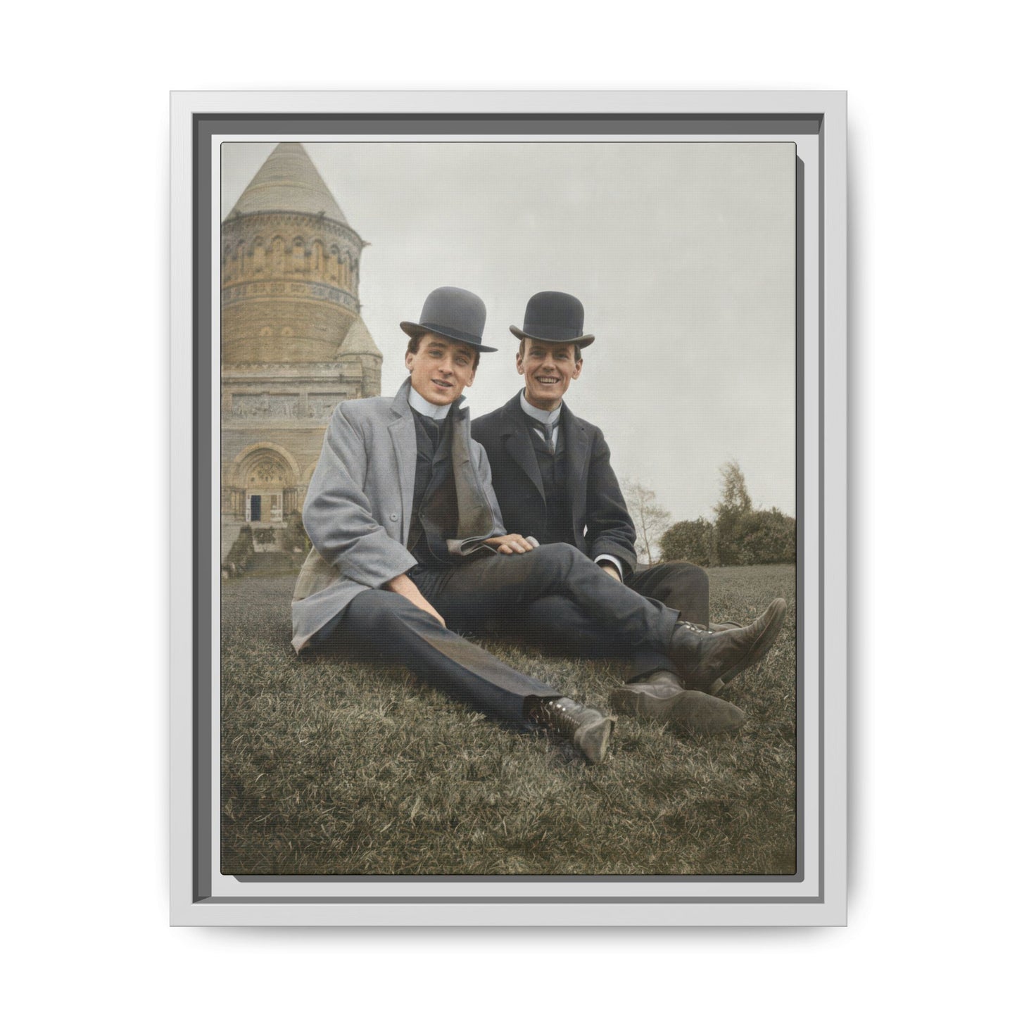 Museum-style archival photo reproduction of an early 20th-century outdoor portrait with architectural backdrop