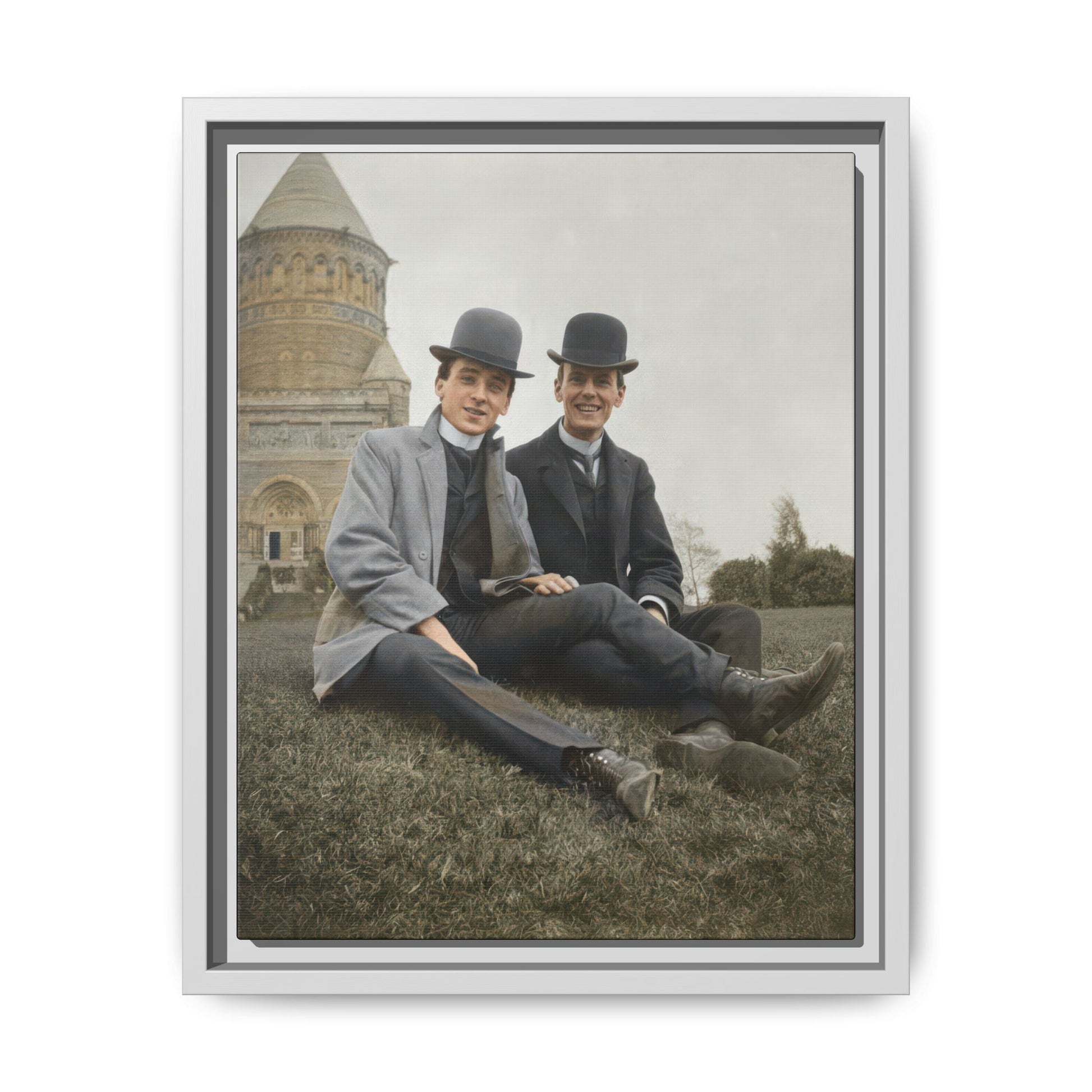 Museum-style archival photo reproduction of an early 20th-century outdoor portrait with architectural backdrop